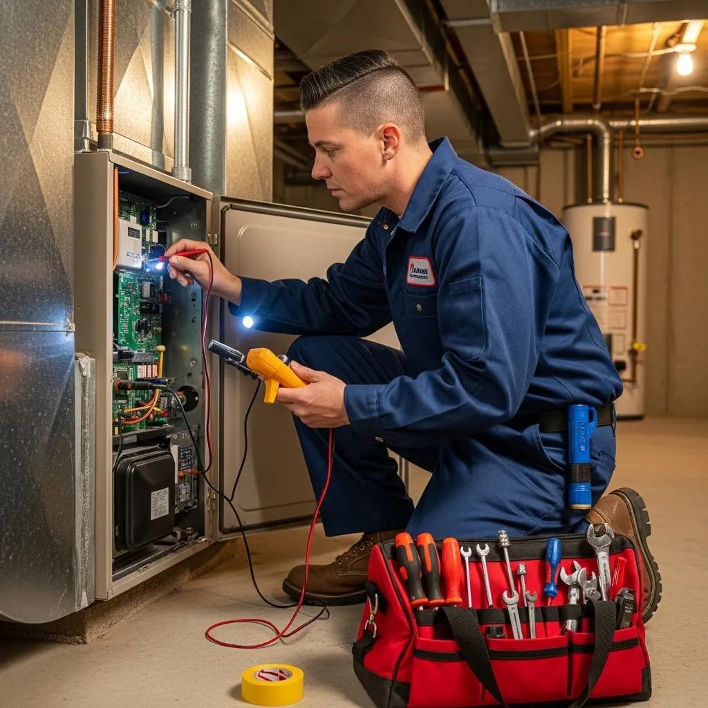Technician inspecting a furnace during an emergency service call