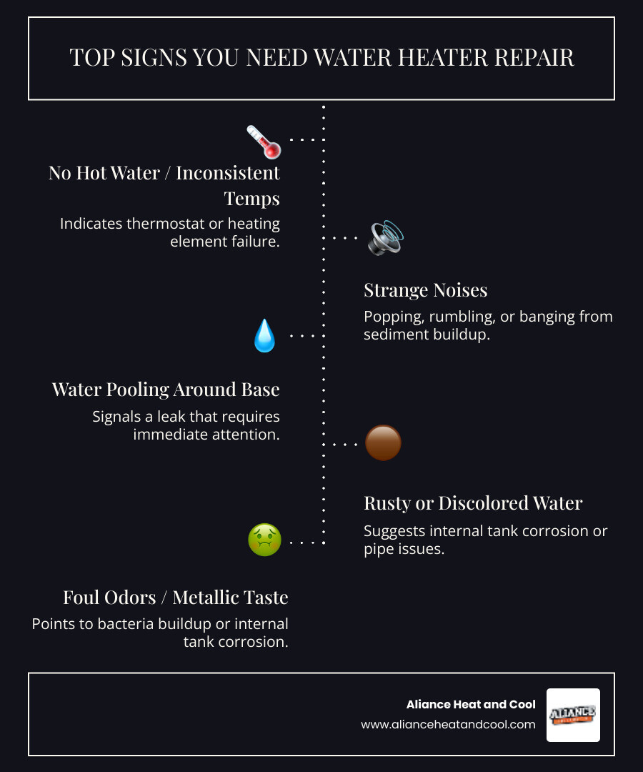 Infographic showing five key warning signs of water heater failure: a thermometer with inconsistent temperature readings, sound waves representing unusual noises, a water droplet indicating leaks at the base, rusty brown water from a faucet, and a flame symbol for pilot light problems - water heater repair in milwaukee, wi infographic infographic-line-5-steps-dark