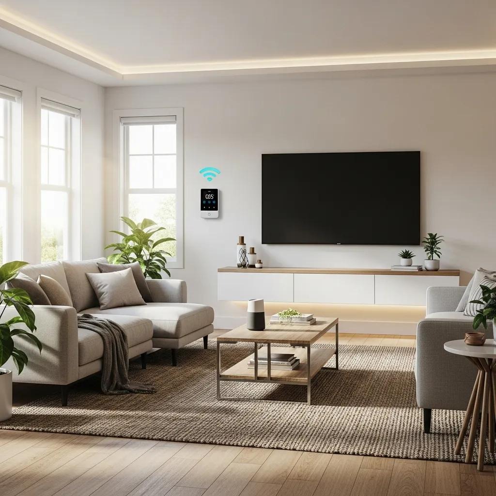 Cozy living room showing energy-smart appliances and a thermostat