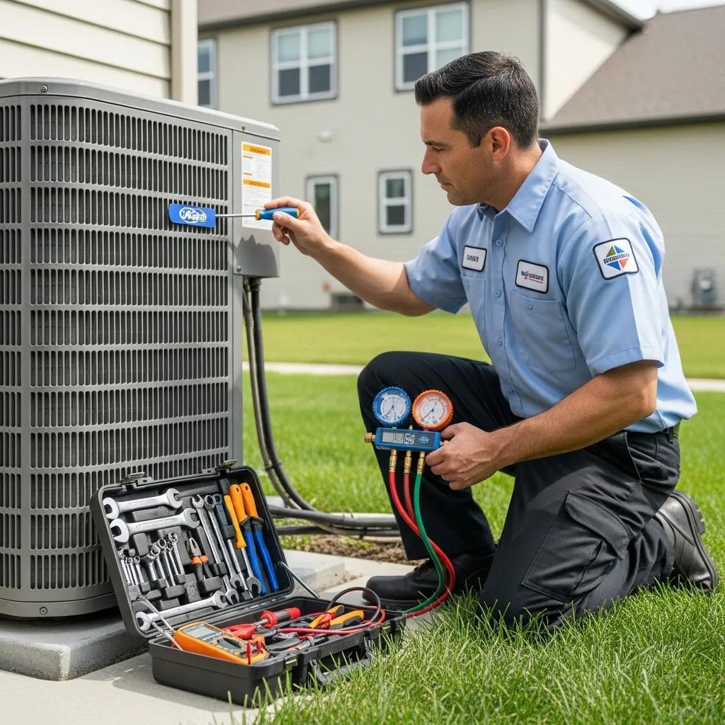Aliance technician performing HVAC maintenance in a home