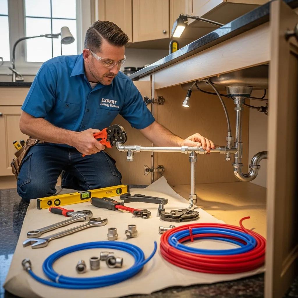Professional plumber installing modern pipes in a home, showcasing expert pipe installation services