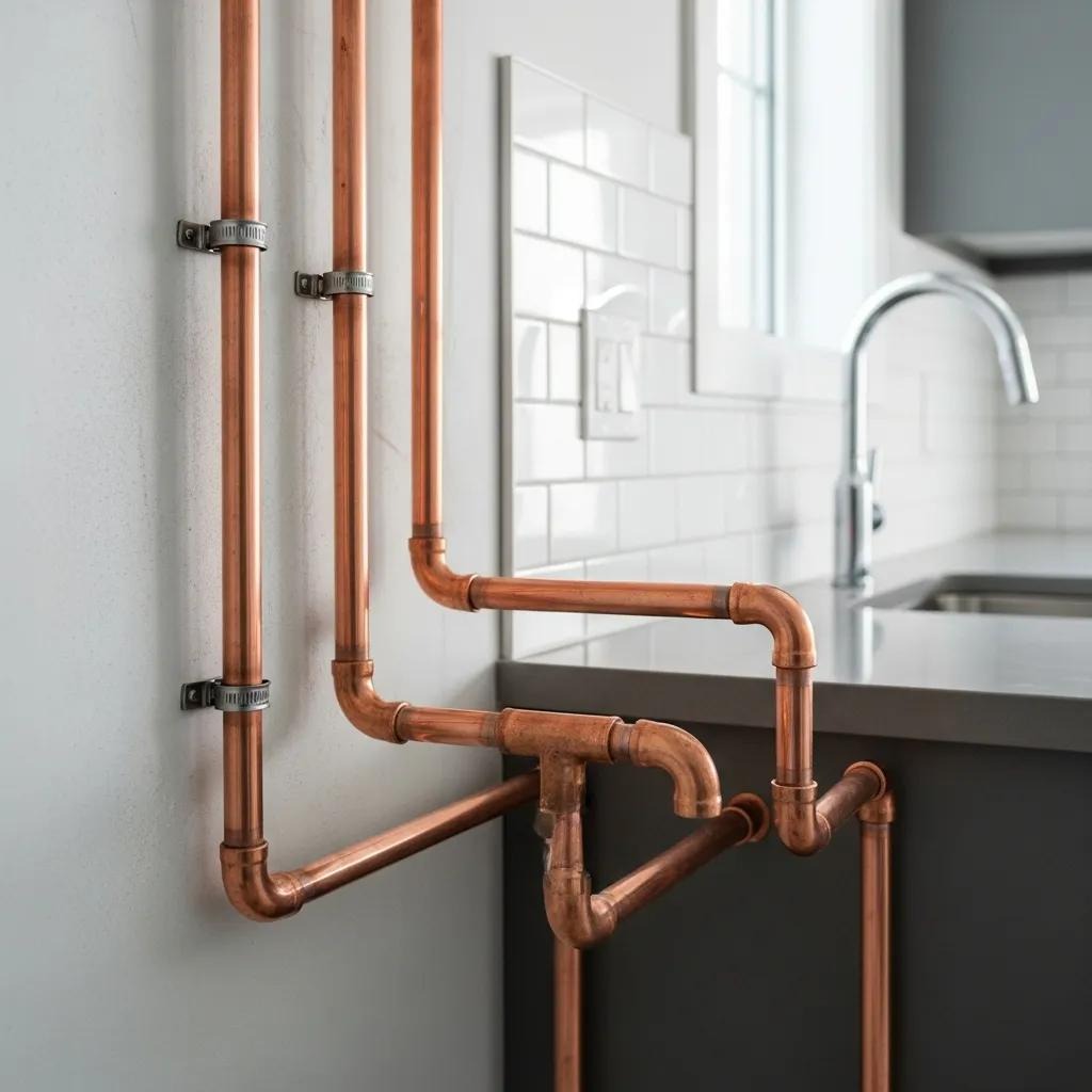 Newly installed copper pipes in a residential kitchen, showcasing the benefits of copper pipe installation