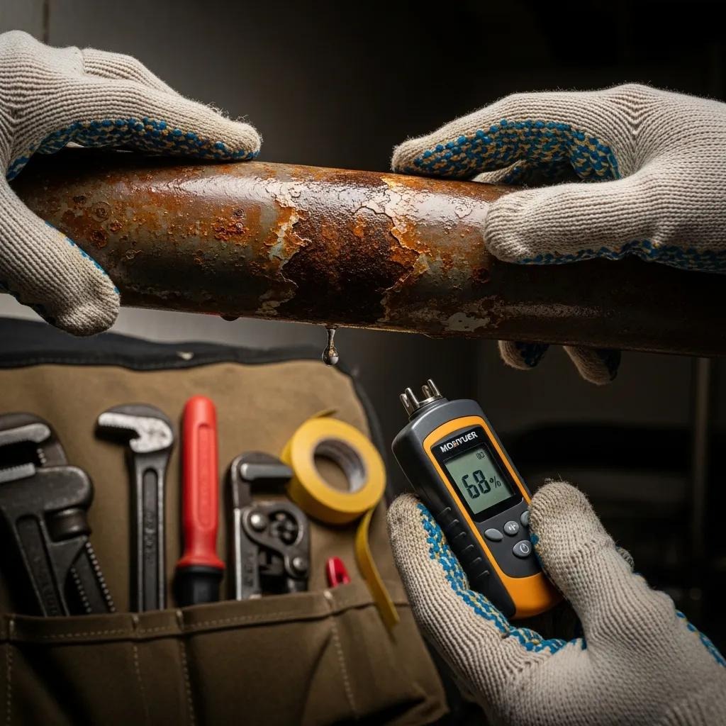 Plumber inspecting pipes for corrosion and leaks, highlighting early detection techniques