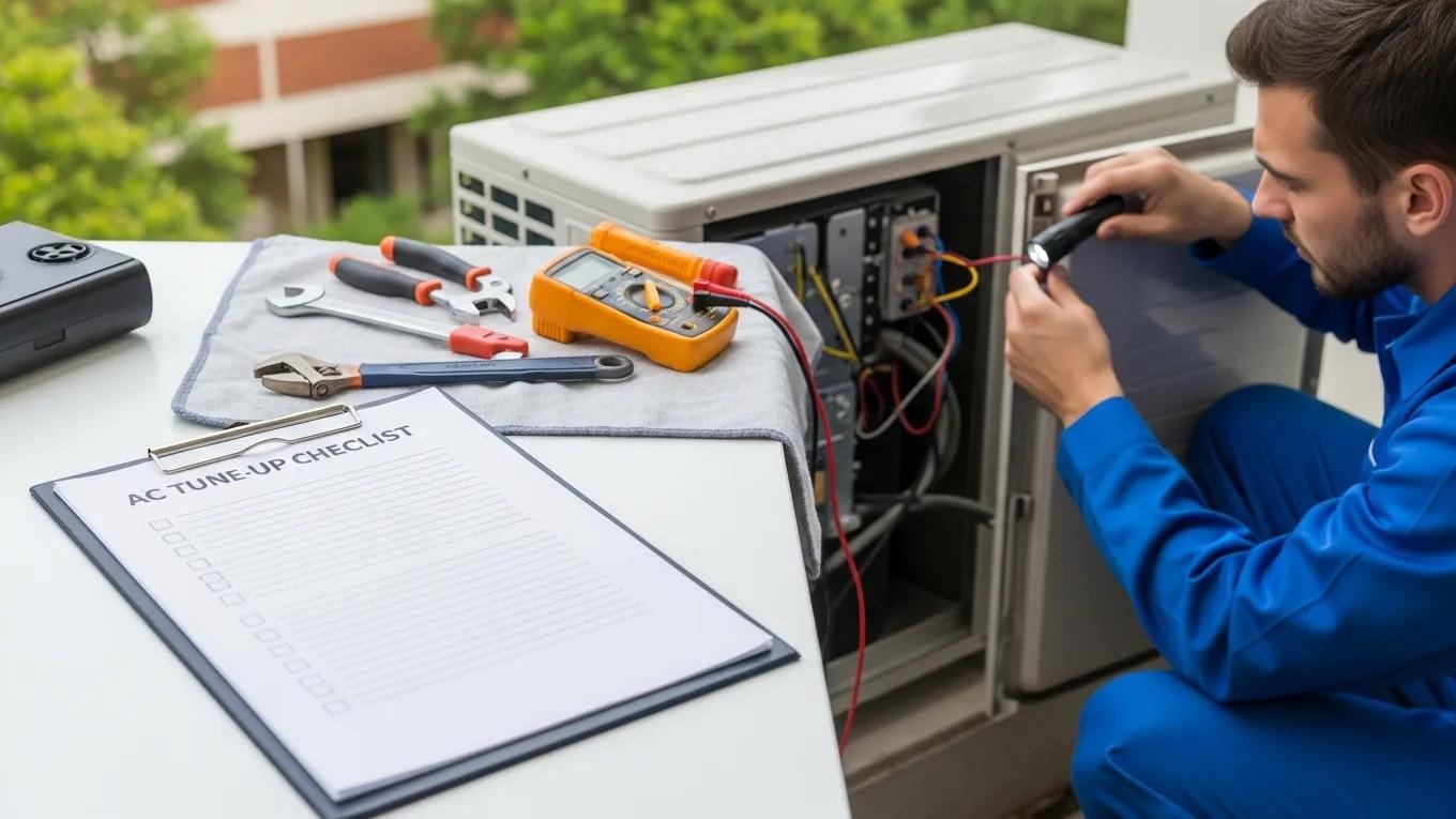 Technician inspecting AC unit with a checklist for summer tune-up steps