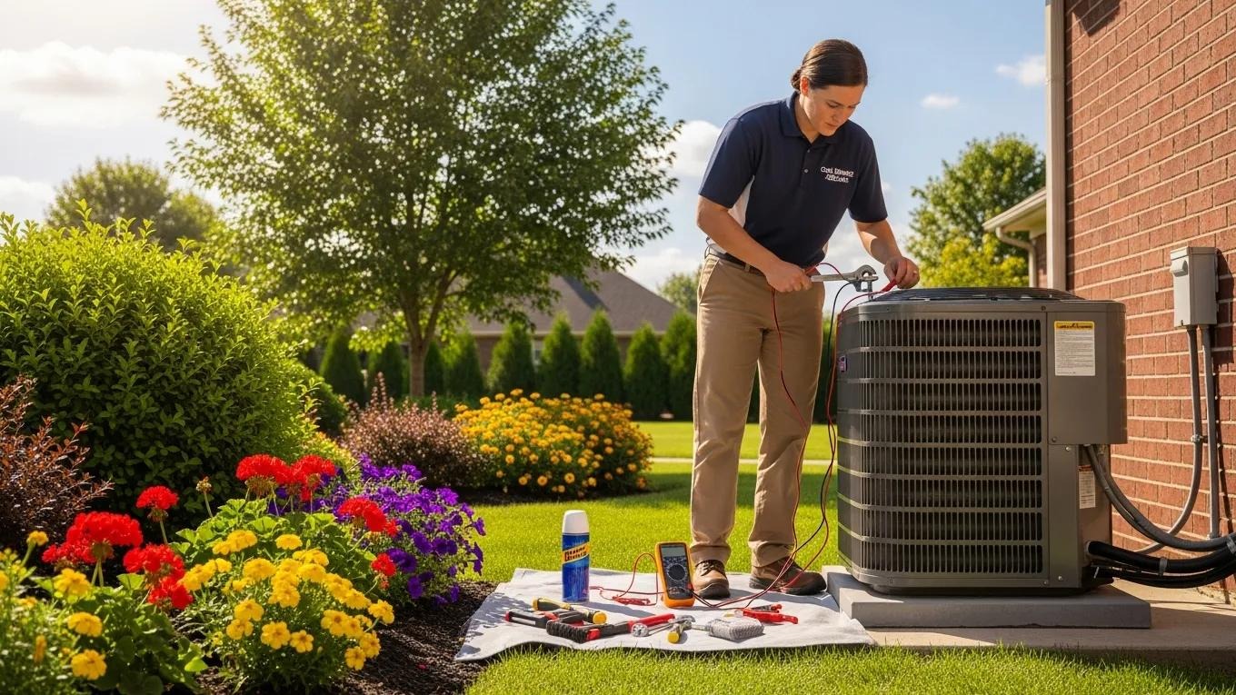 Technician performing summer AC tune-up on residential unit in a sunny garden