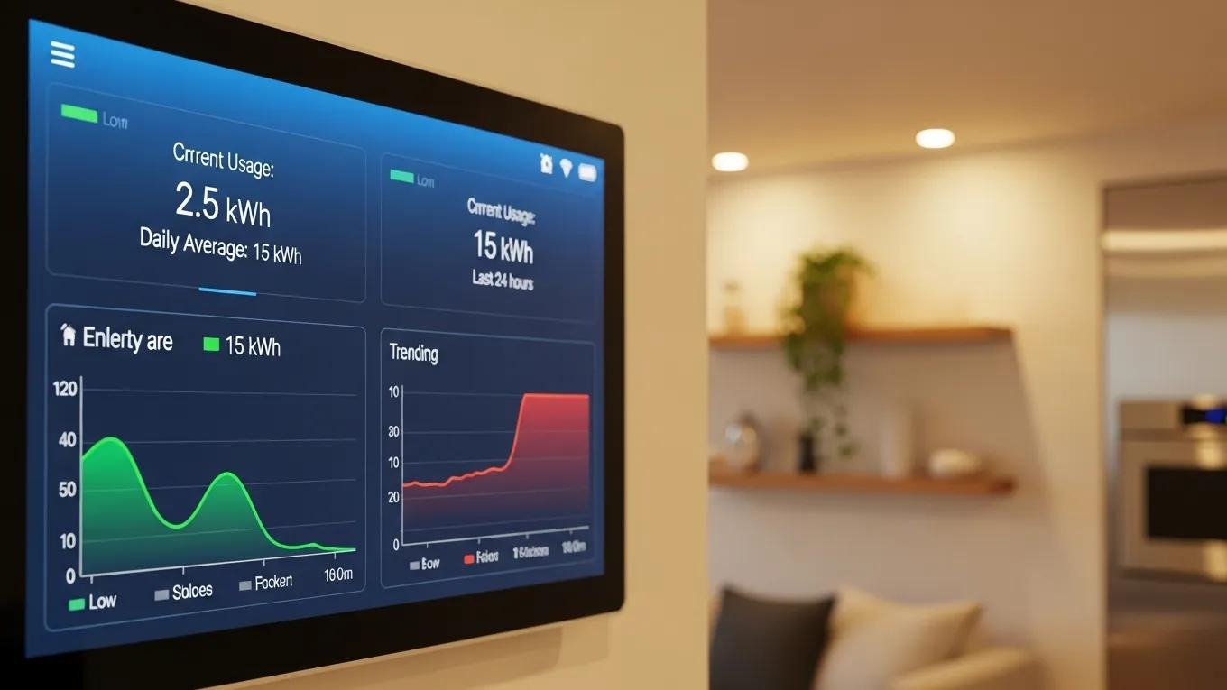 Smart energy monitoring system display showing real-time energy usage in a modern home setting