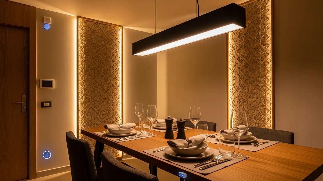 Cozy dining area with automated lighting features, including dimmable LED bulbs and motion sensors
