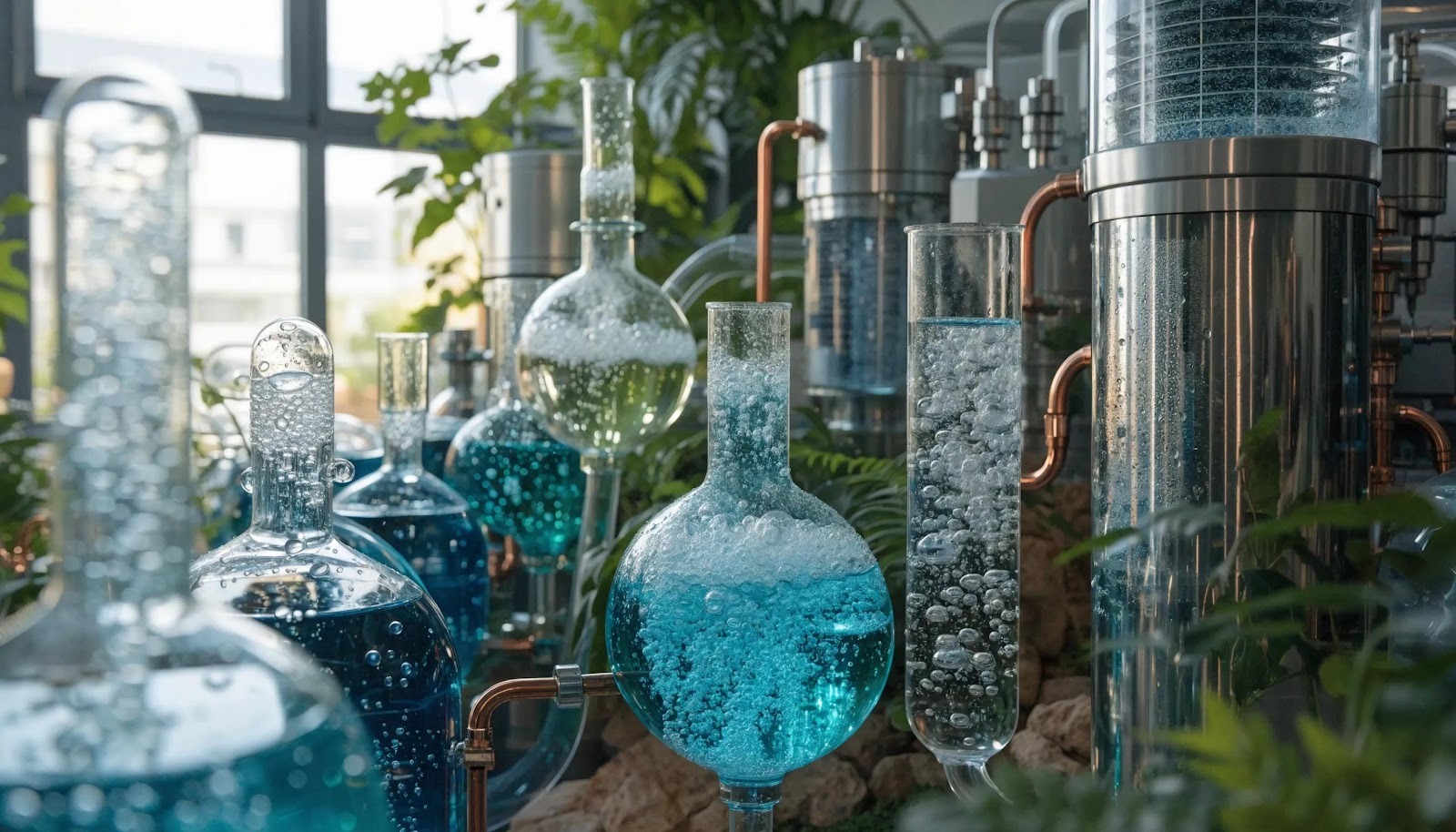 Futuristic lab setting illustrating eco-friendly refrigerants with plants and advanced HVAC technology, emphasizing innovation in the industry