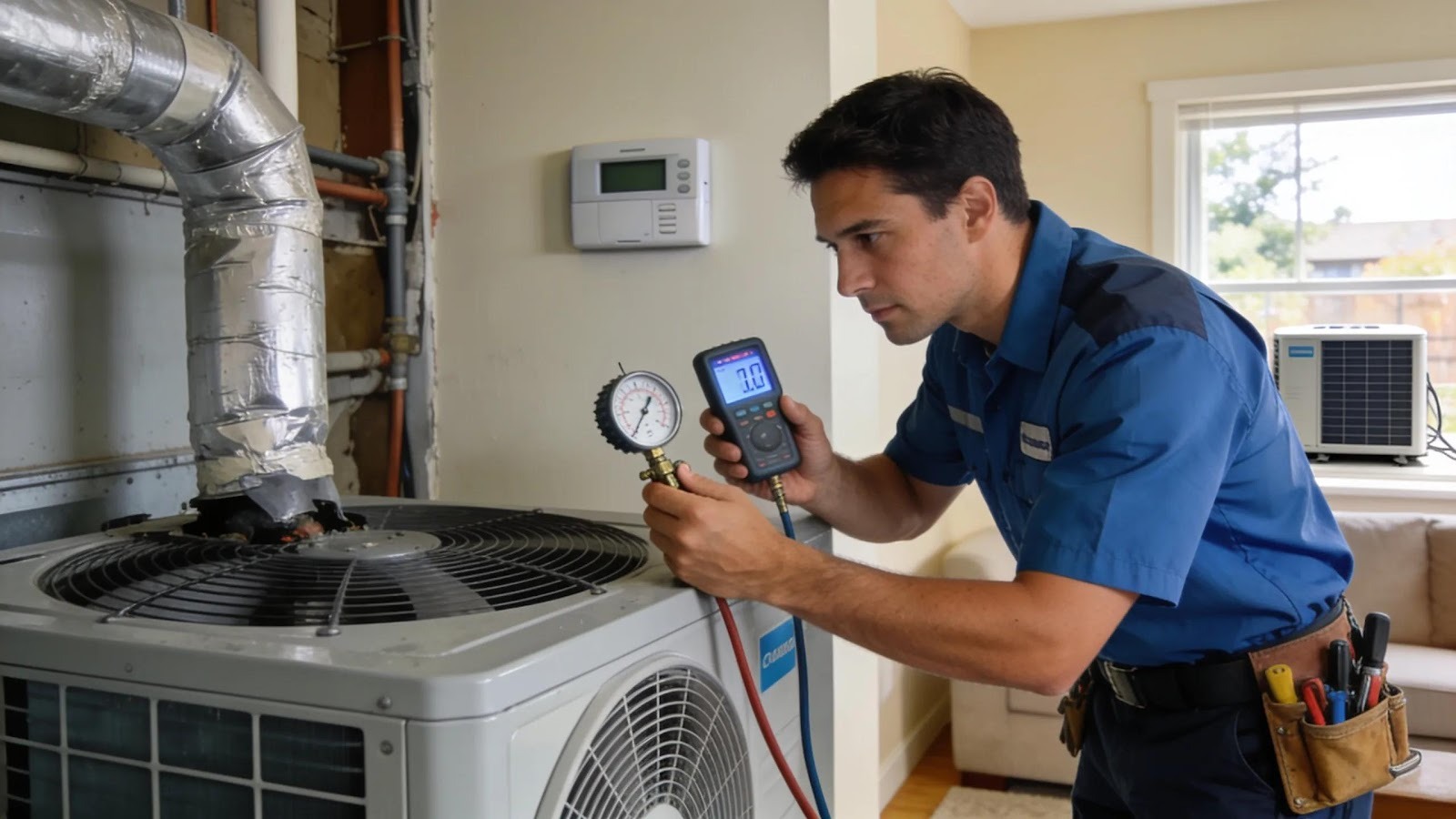HVAC technician checking temperature gauges while inspecting an AC unit, focusing on refrigerant management and system efficiency