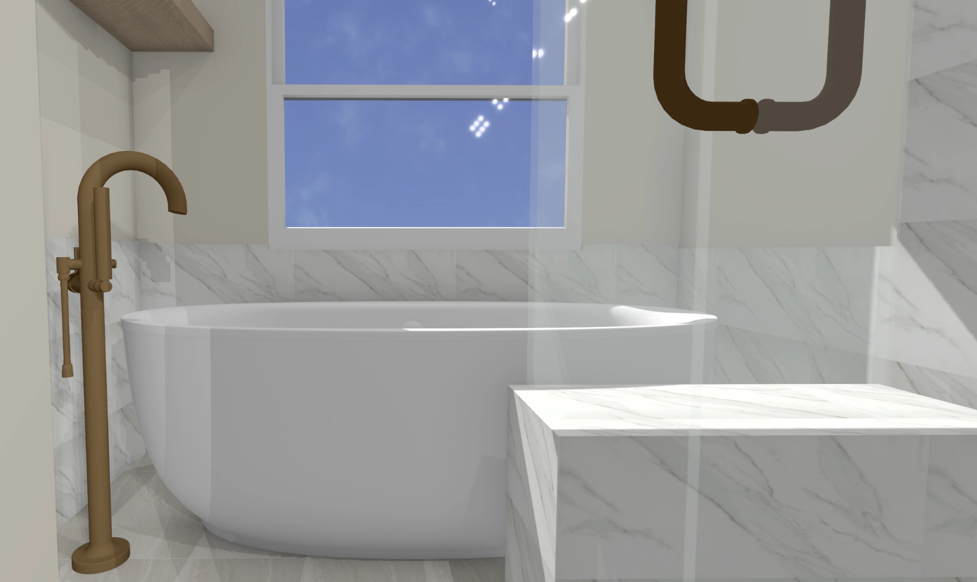 Luxurious bathroom with a marble soaking tub, gold faucet, and a window showing a clear blue sky. The space conveys elegance and tranquility.