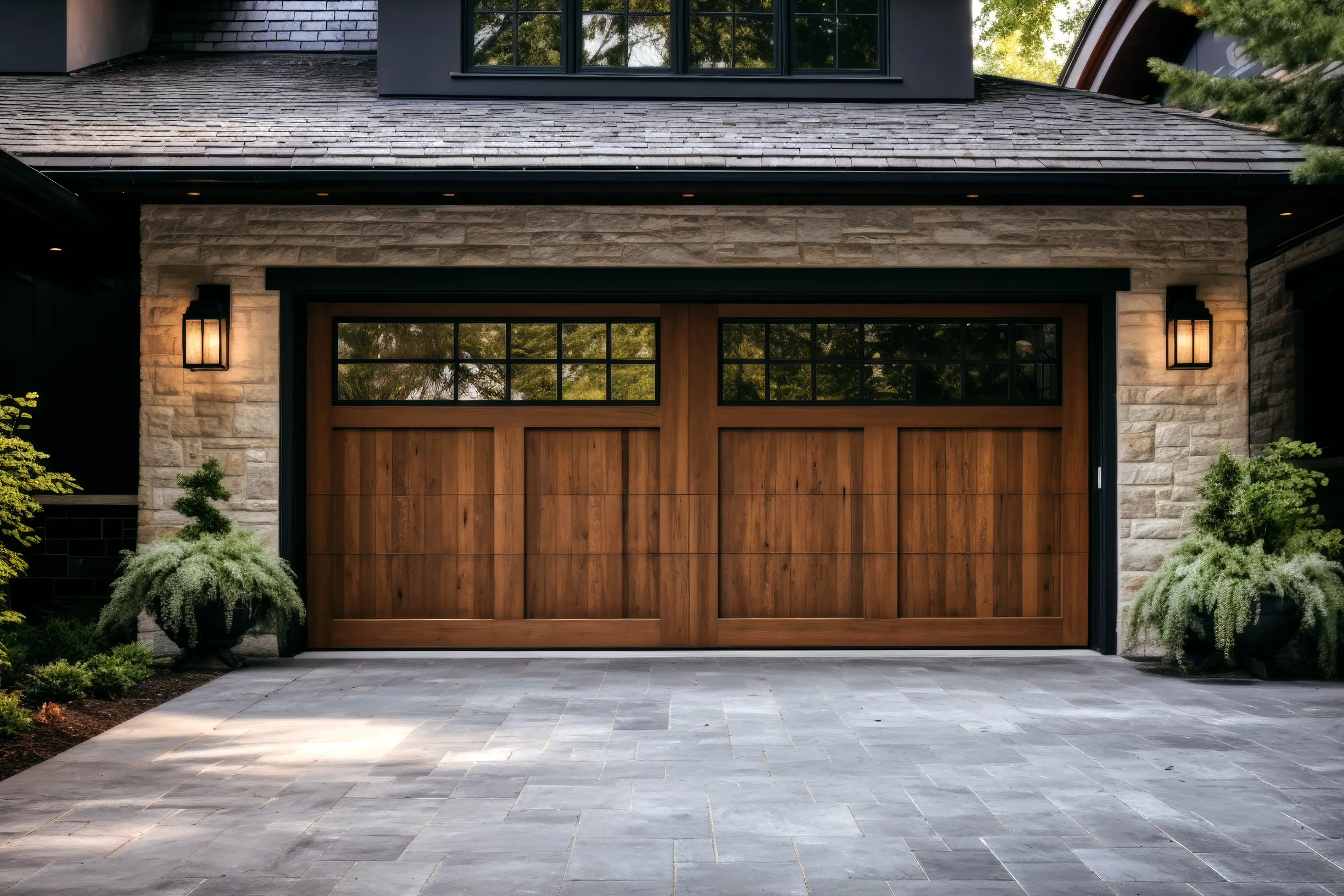 A photograph of a newly installed wooden garage door with glass windows on the top on a suburban house in Colorado Springs