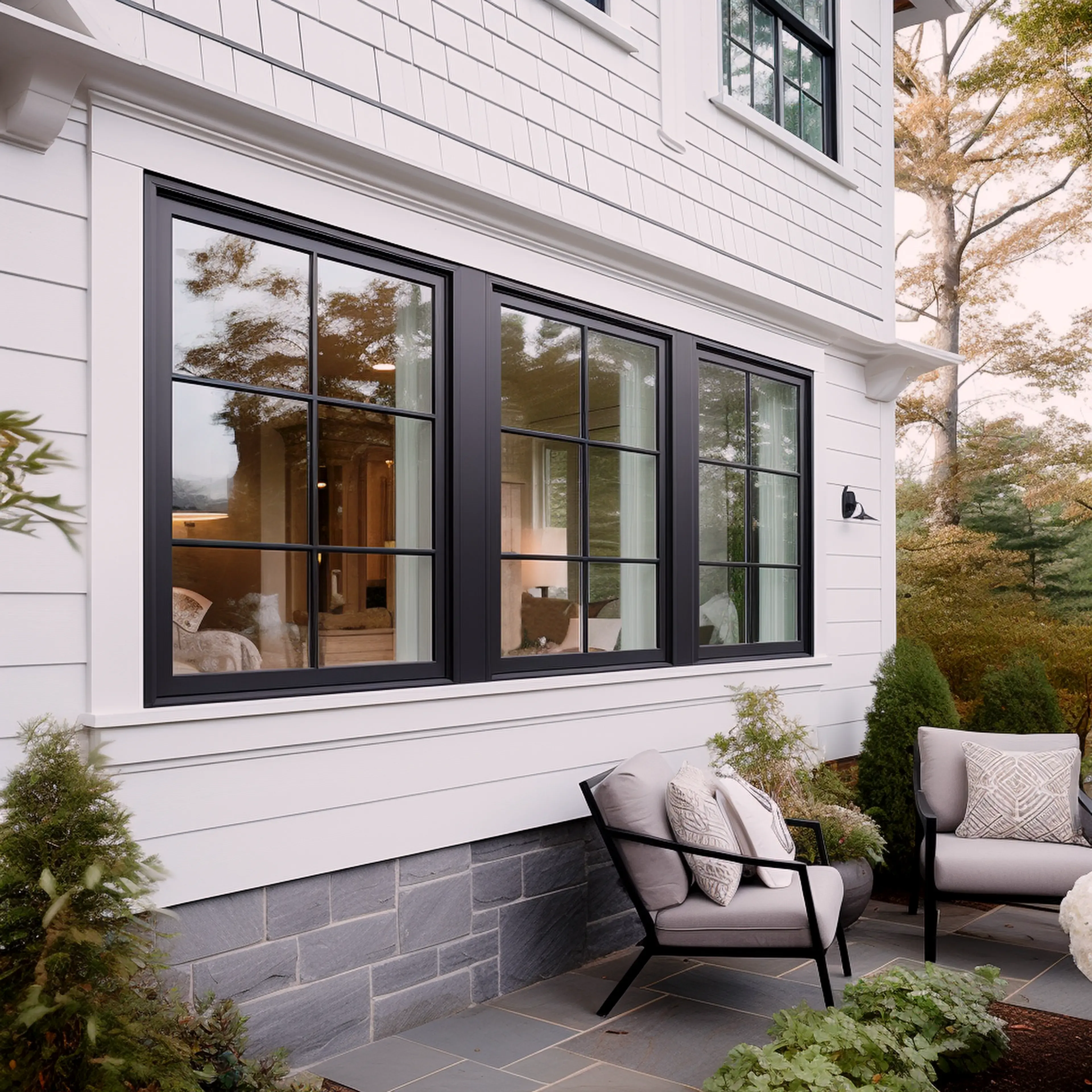 A photograph of newly installed windows on a white painted home. Installed by Homefix of Colorado Springs