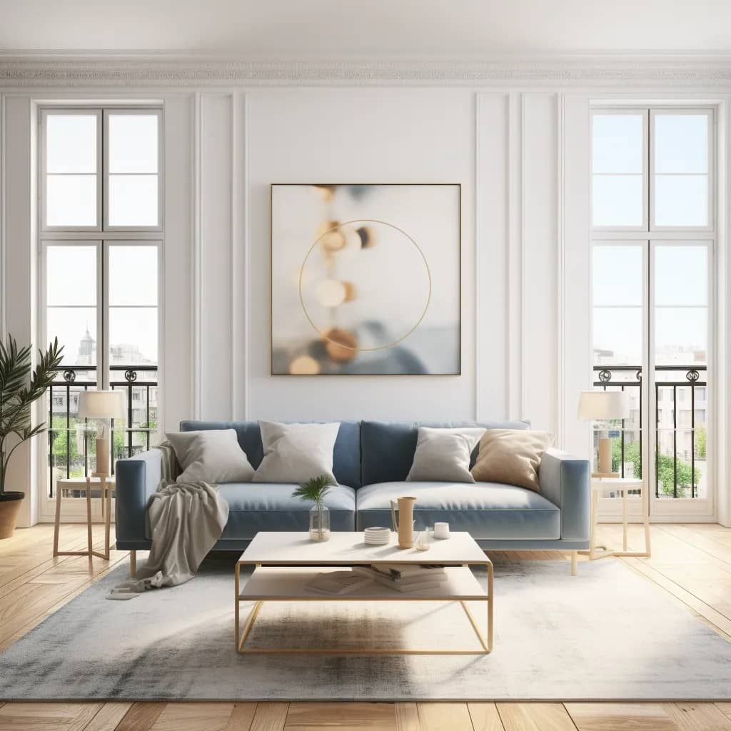 A living room interior that is minimal with a soft color palett