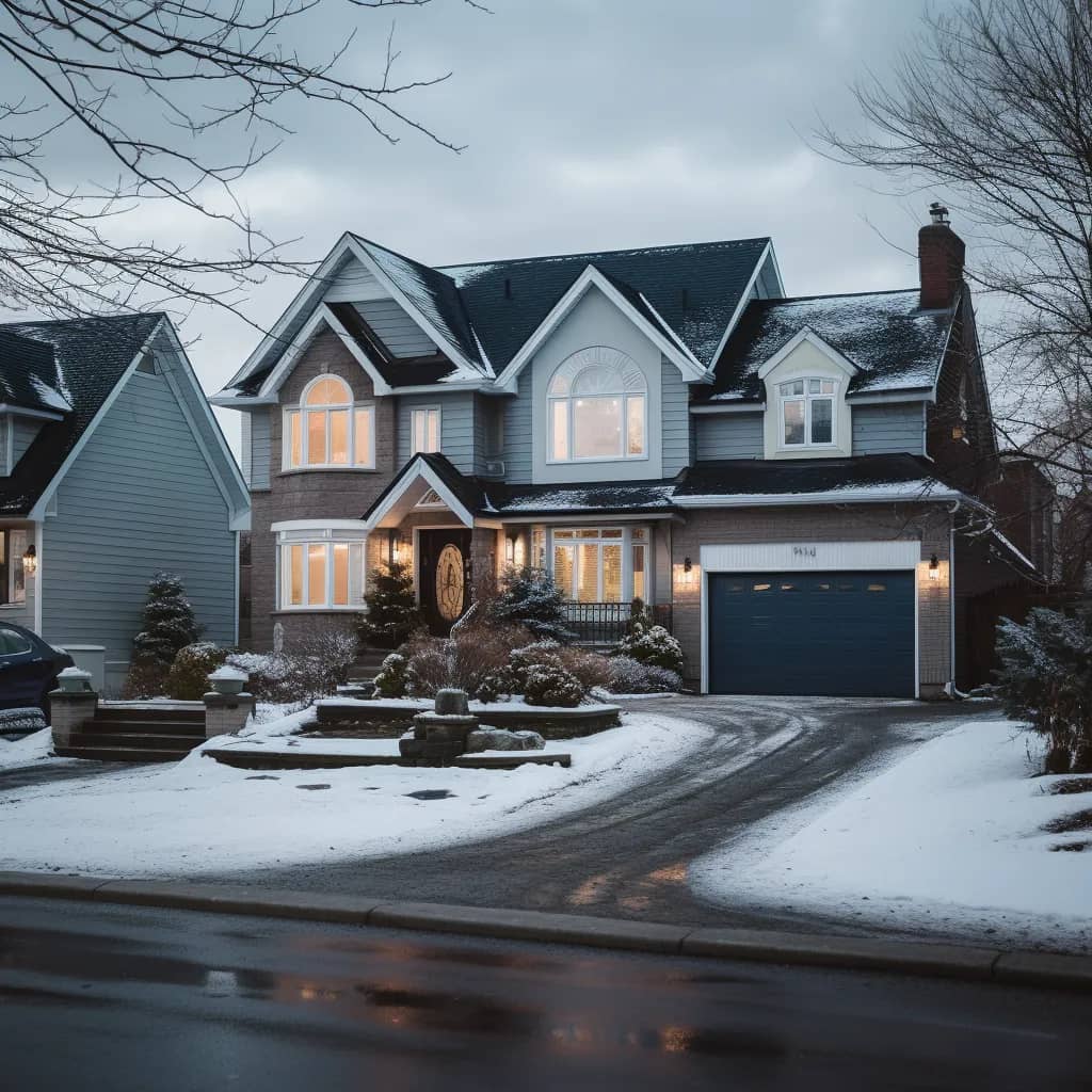 A suburban house lit up in the middle of winter