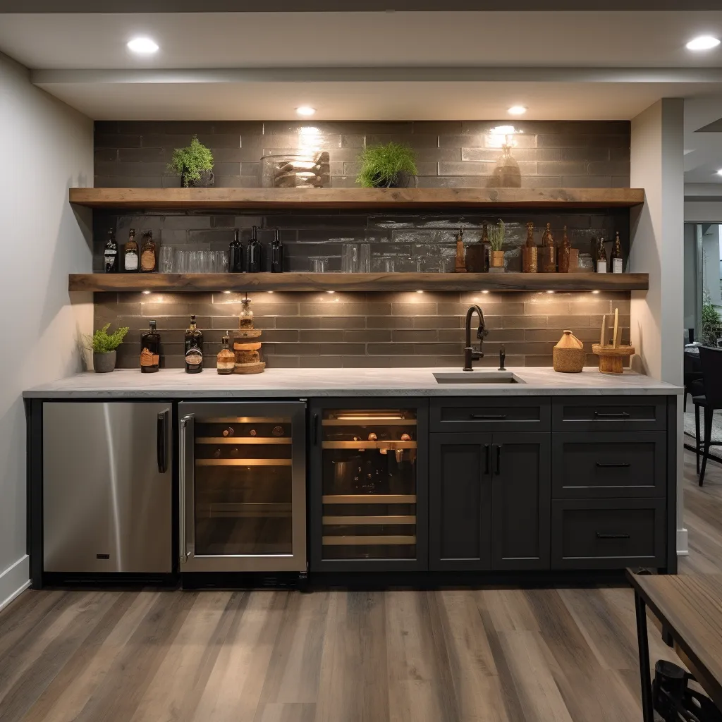 A newly remodeled basement wet bar with gray backsplash tile