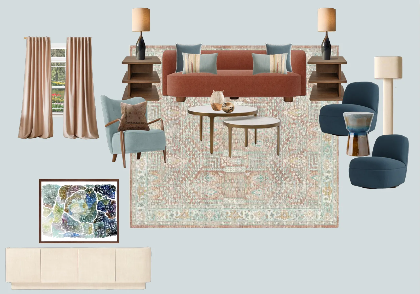 Moodboard featuring a living room setup with a rust-colored sofa, two wooden side tables with lamps, two round nesting coffee tables, a blue accent chair with a brown pillow, two blue armless chairs, a blue and white ceramic stool, beige curtains, a floor lamp, abstract wall art, and a cream-colored sideboard on a patterned rug.