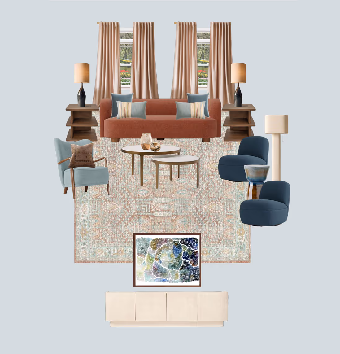 Interior design moodboard featuring a rust-colored sofa with pillows, blue and gray armchairs, wooden side tables with lamps, a patterned area rug, a round coffee table, a floor lamp, abstract wall art, and a light-colored cabinet.