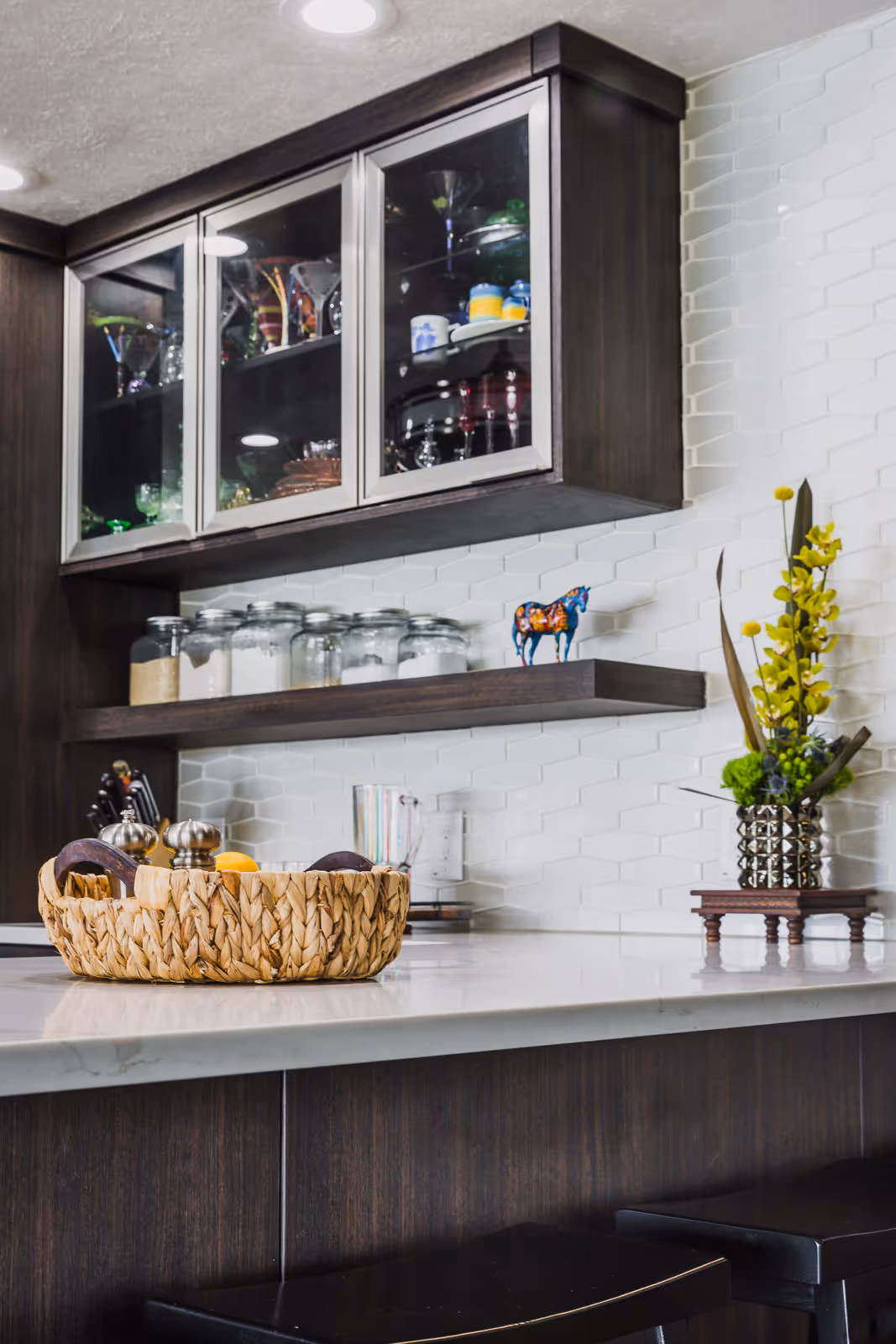 Floating shelf and tall pantry cabinet added for extra kitchen storage