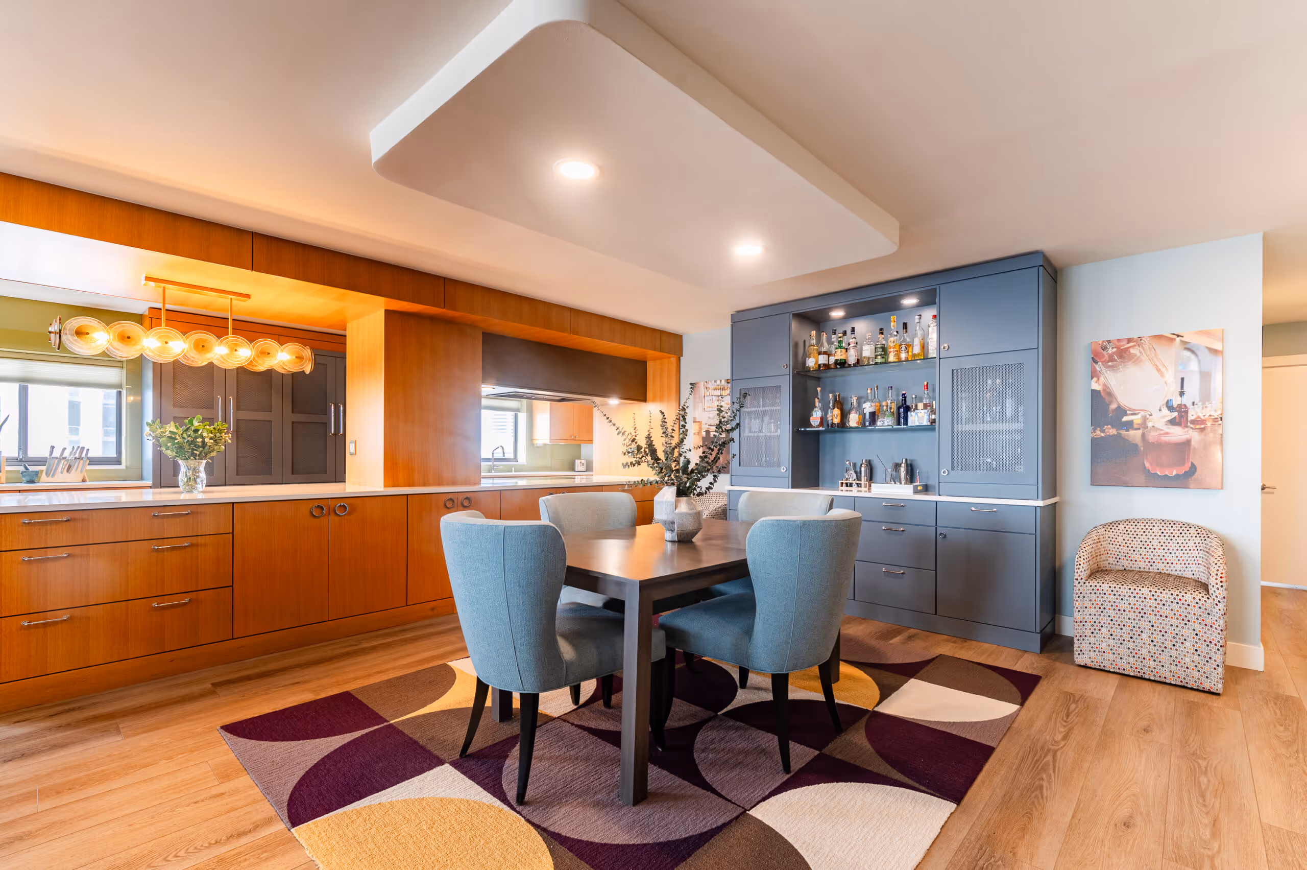 Open-plan dining and bar area with a cohesive interior design