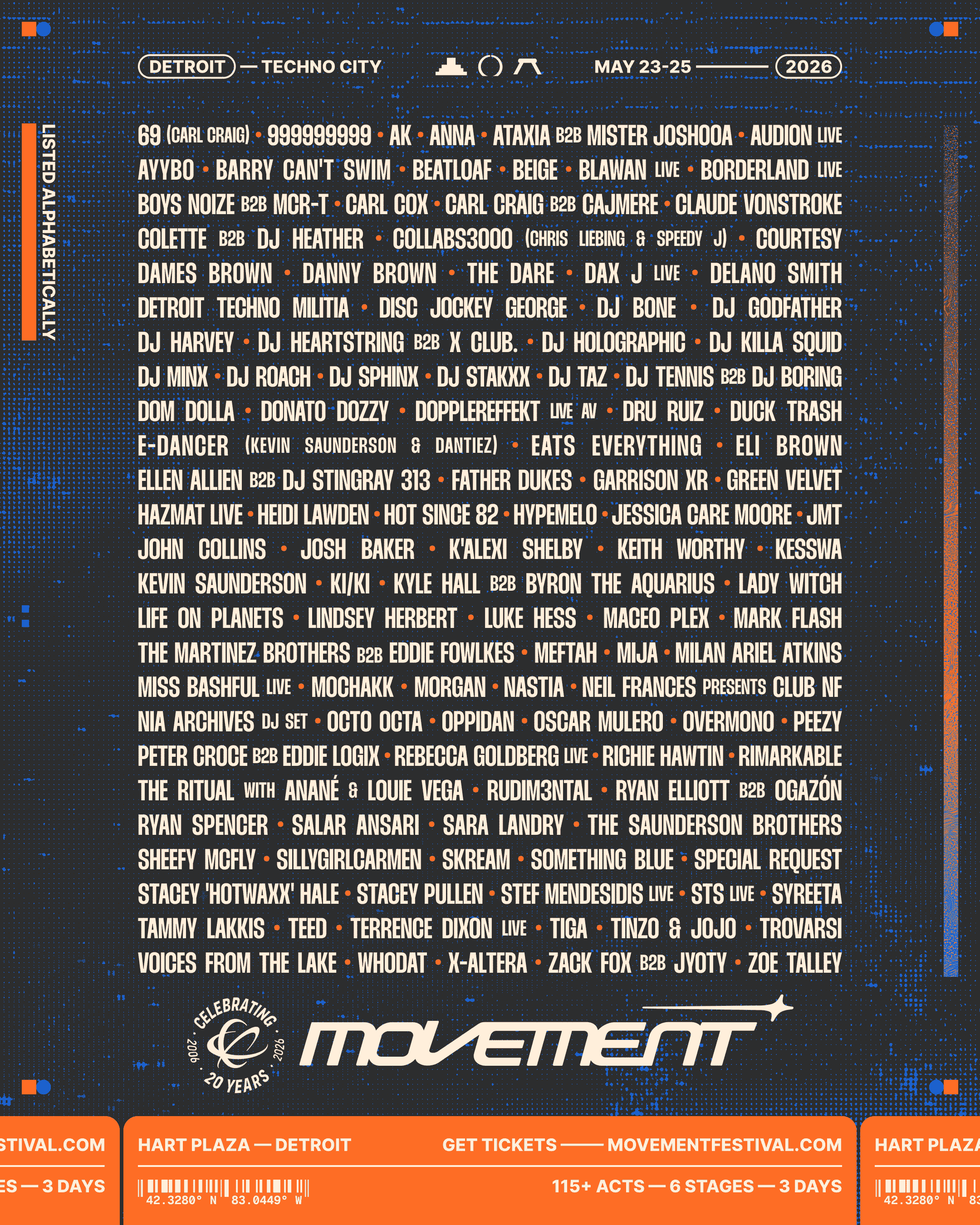 Movement Festival 2026 lineup for May 23–25 at Hart Plaza in Detroit