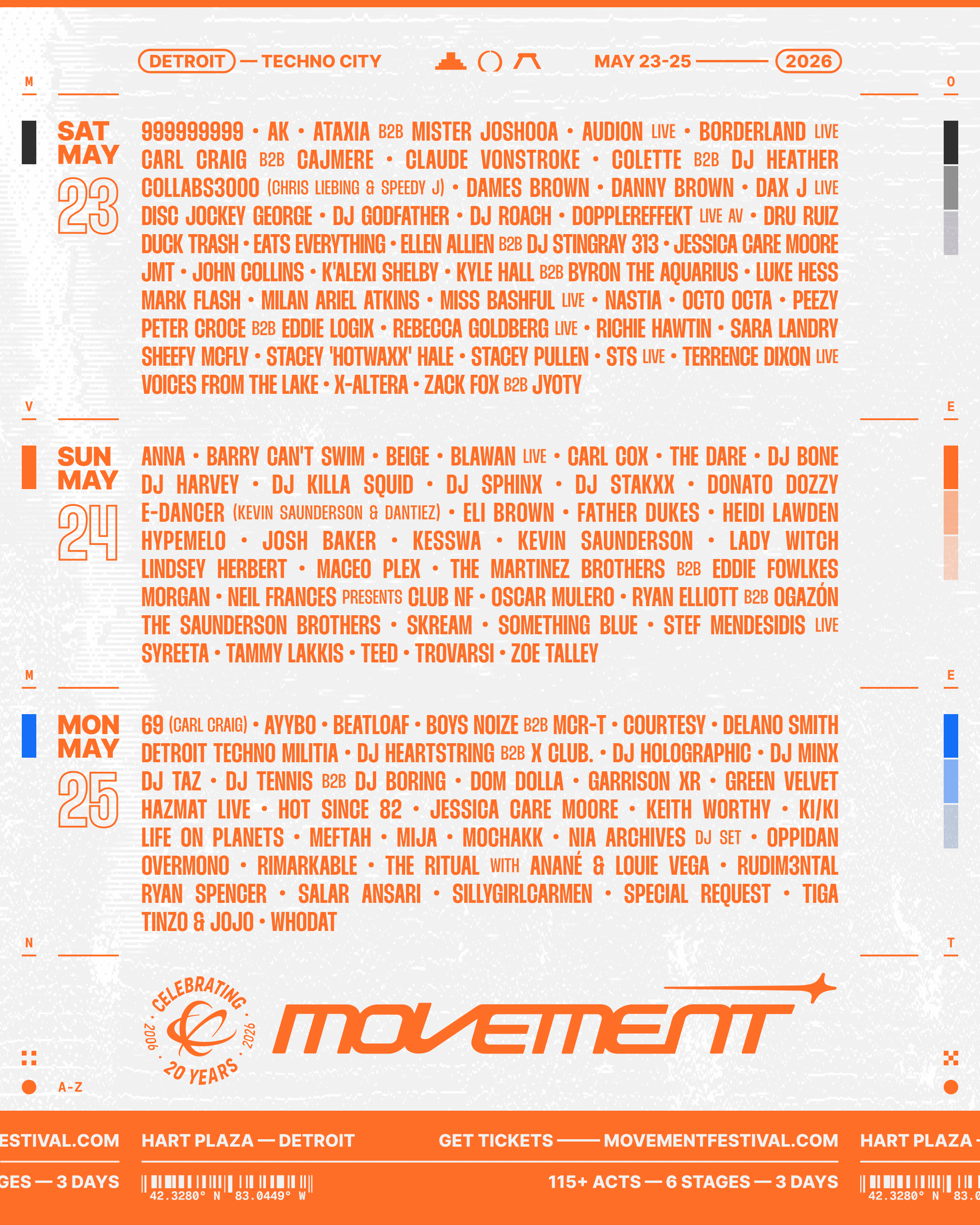 Movement Festival 2026 lineup for May 23–25 at Hart Plaza in Detroit