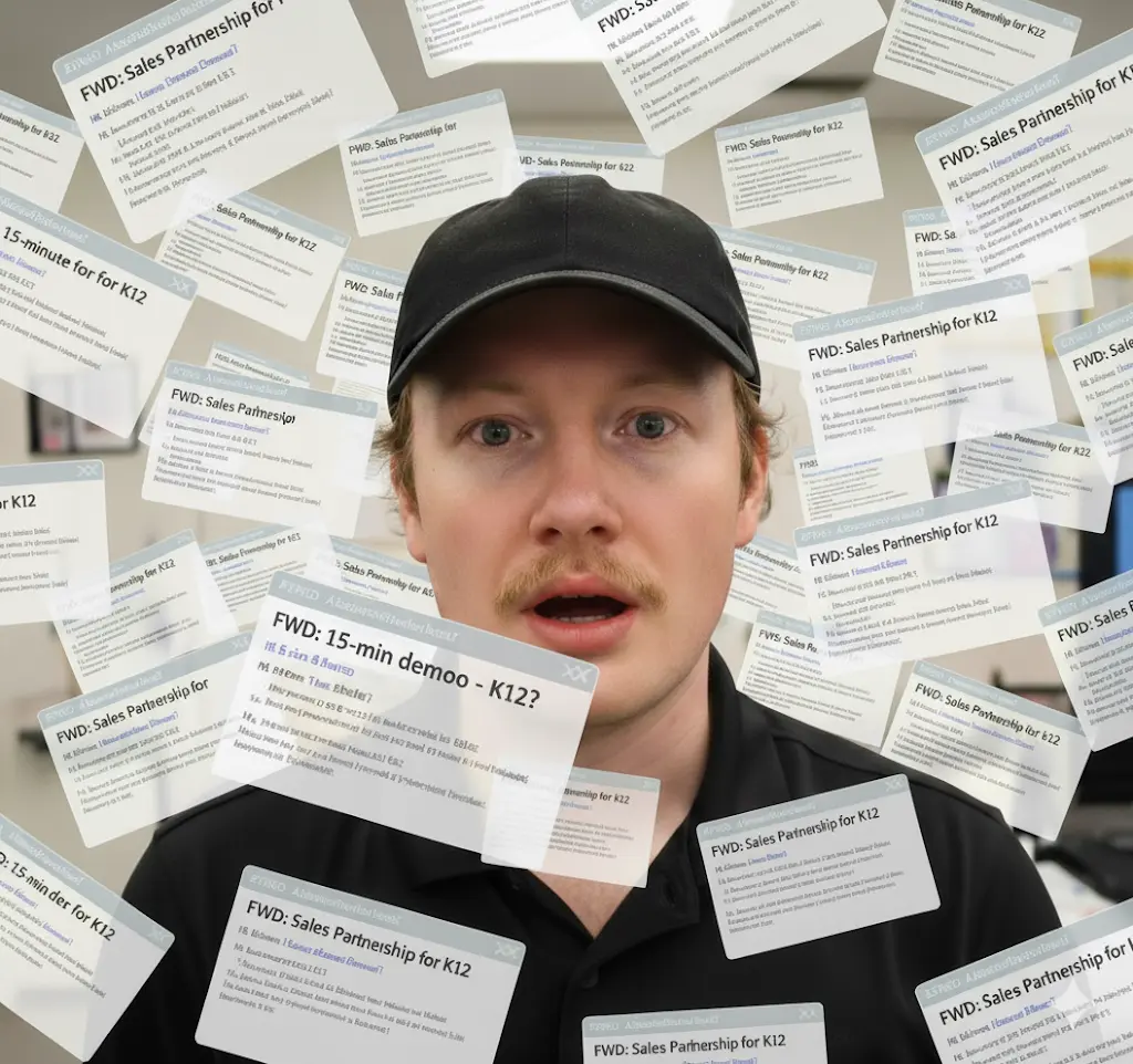 Educator overwhelmed by generic cold emails—illustration of why purchased lists and spammy outreach harm K-12 engagement