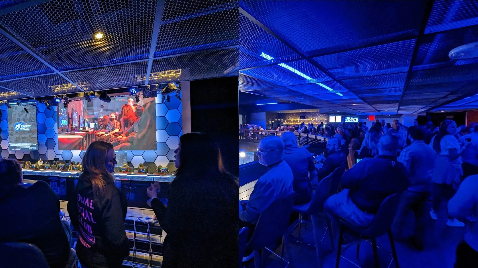 K-12 educators watch a live esports tournament at the HyperX Esports Arena during ACTE VISION 2022, with competition displayed on large screens and blue arena lighting.