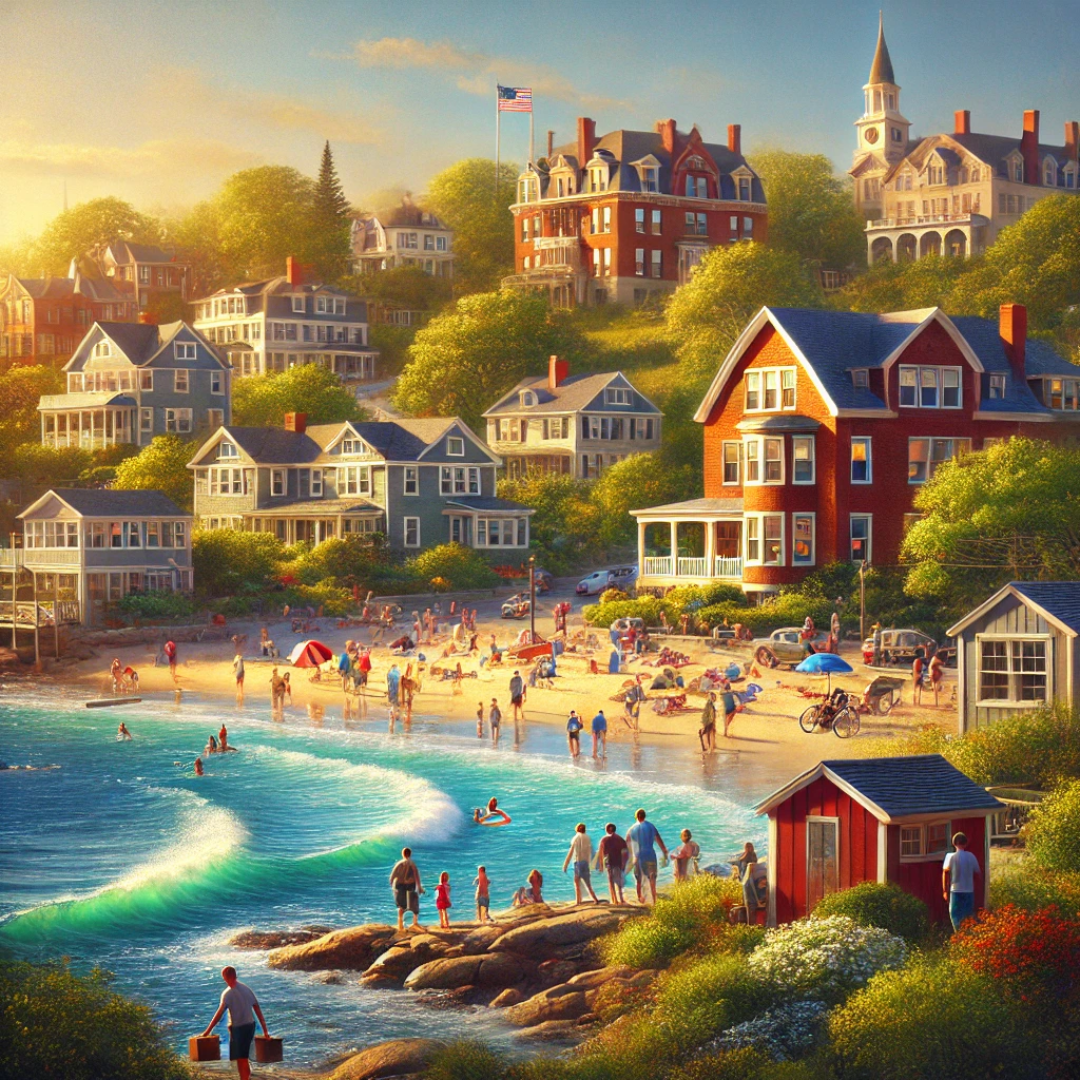 A painting of a crowded beach with people on it.