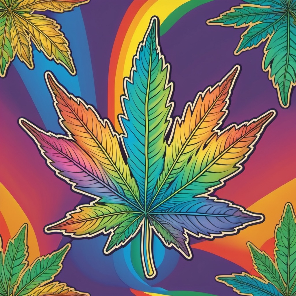 A drawing of a rainbow colored marijuana leaf.