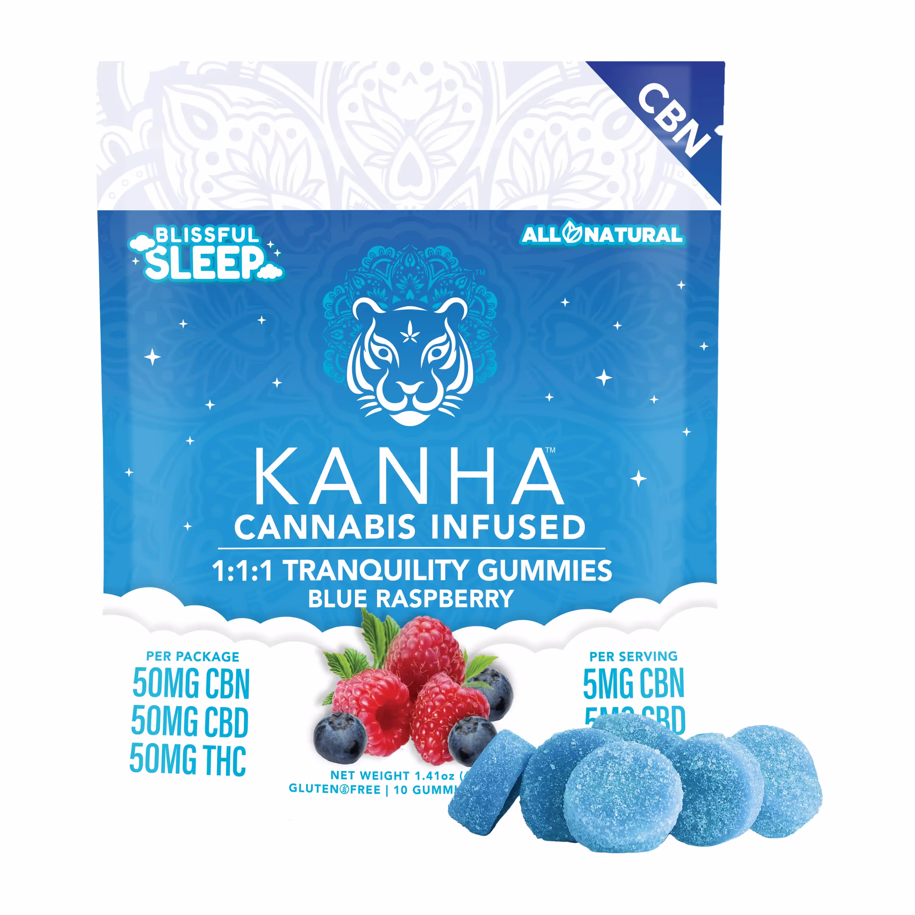 Tranquility Blue Raspberry 1:1:1 | THC:CBD:CBN | 10pk