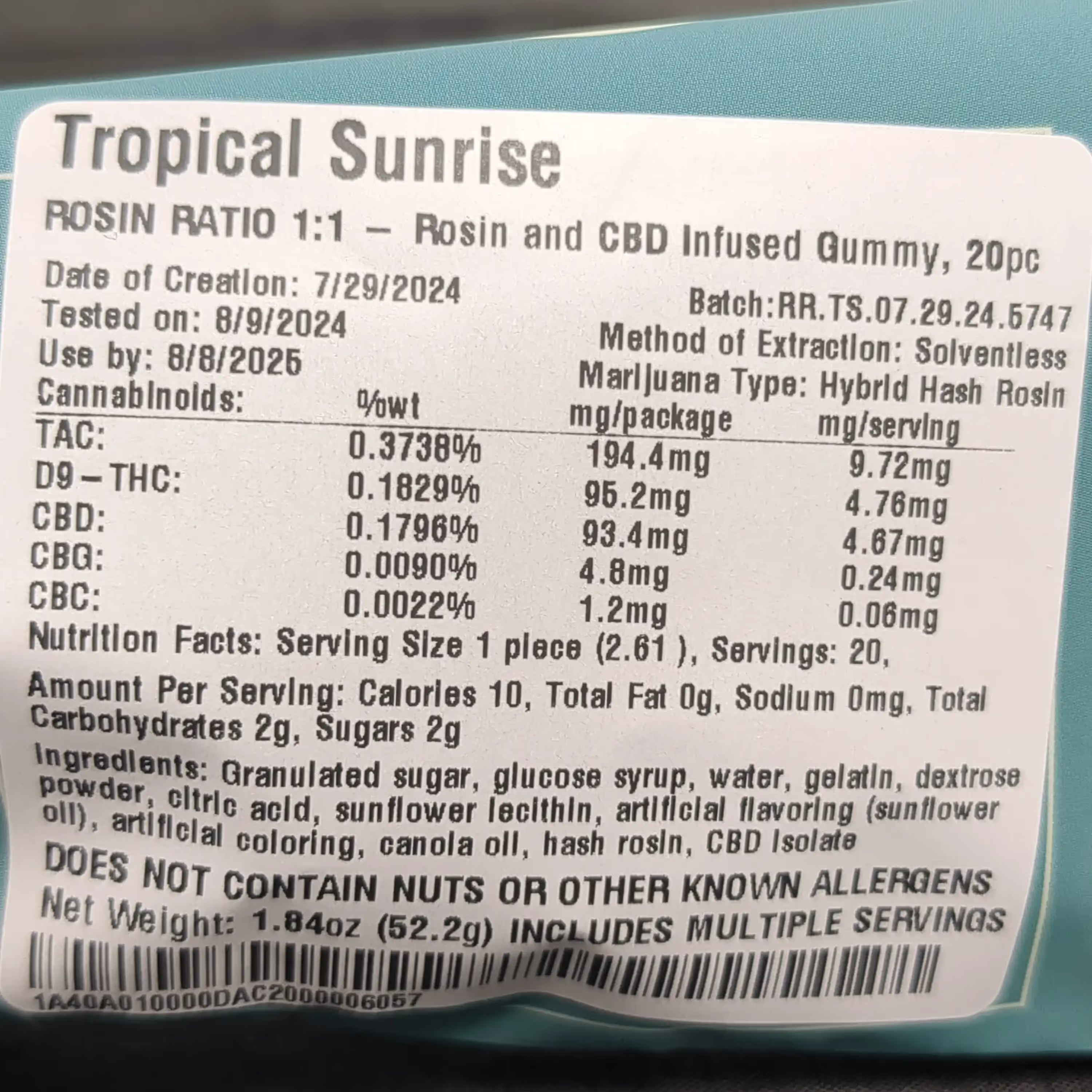 Tropical Sunrise | 1:1 THC:CBD | Hybrid Blend | Rosin Gummies | 20pk