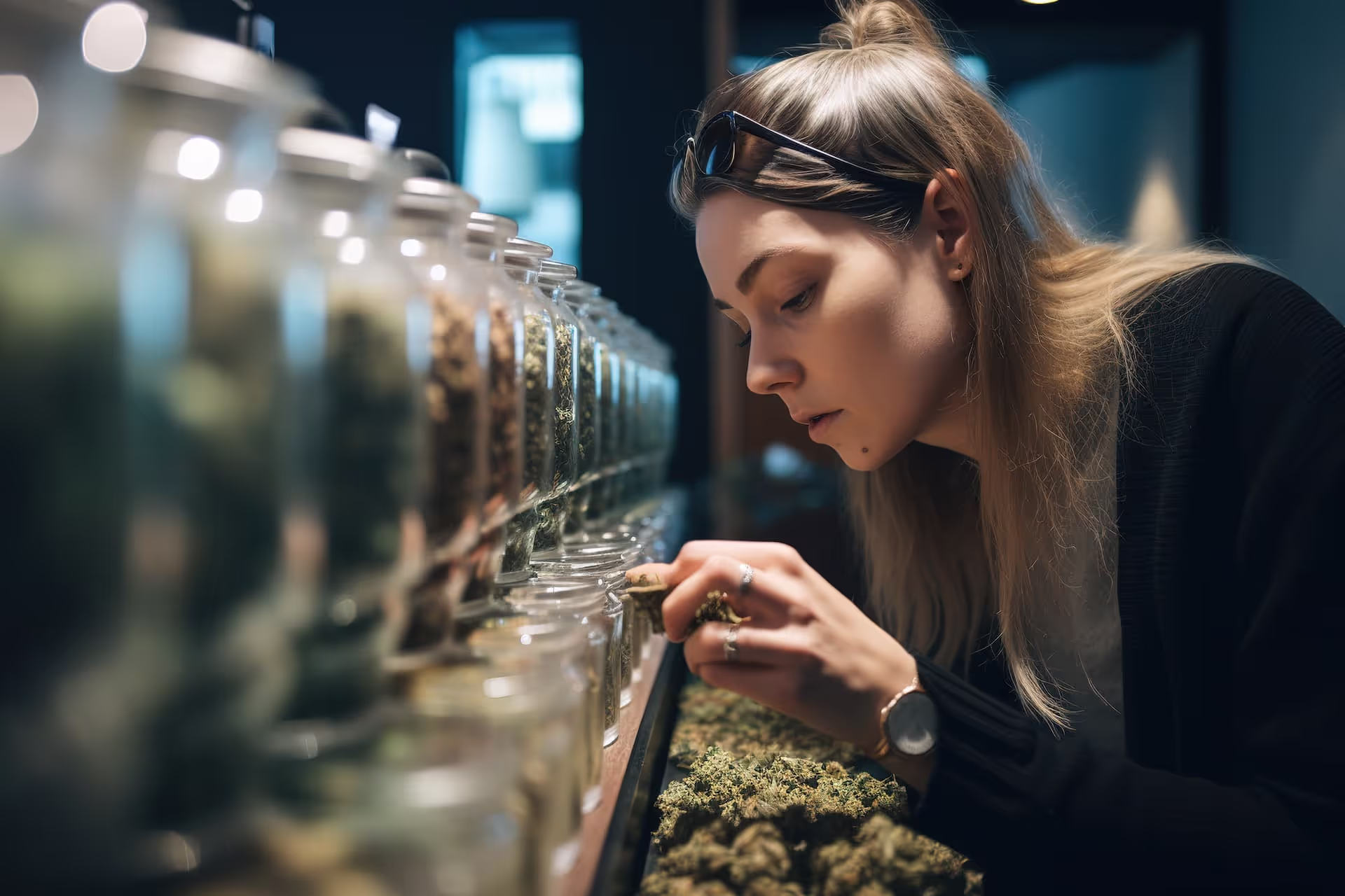 female looking at glass jars of weed in swampscott ma