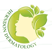 Logo featuring a green circular design with a white silhouette of a woman's face surrounded by green leaves, representing Herndon Dermatology.