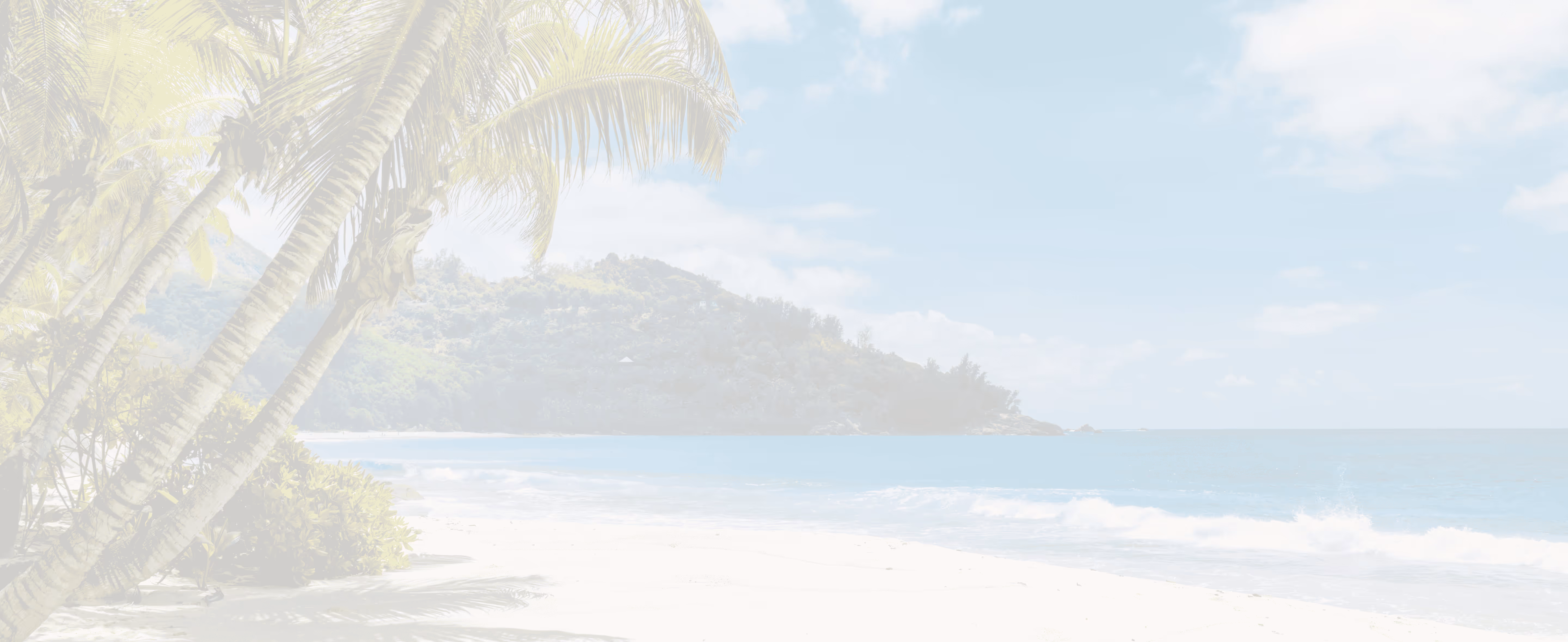 A painting of a tropical beach with palm trees.