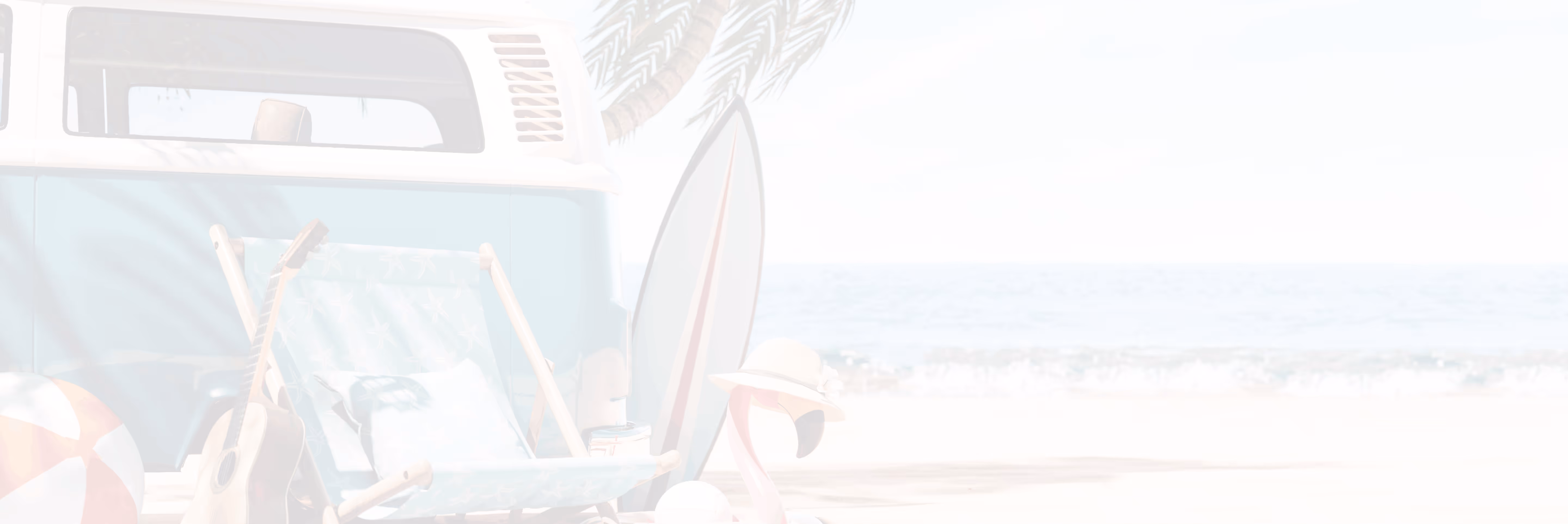 Beach scene with a light blue van, surfboard, beach chair with starfish pattern, acoustic guitar, beach ball, and a flamingo wearing a hat.
