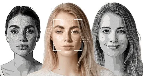 Image showing three women, with the center woman in color and blonde hair, while the two women on either side are in black and white. A tracking focus marker appears over the woman in the center. This visual demonstrates AI Studios’ deepfake detection solution, which allows users to scan images and videos to identify AI-generated, deepfaked, or AI-altered content.