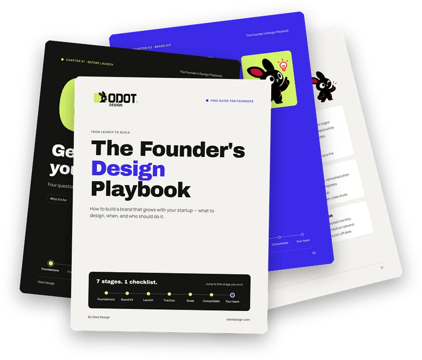 Pages from The Founder's Design Playbook: cover, chapter 01, chapter 02 and the brand checklist