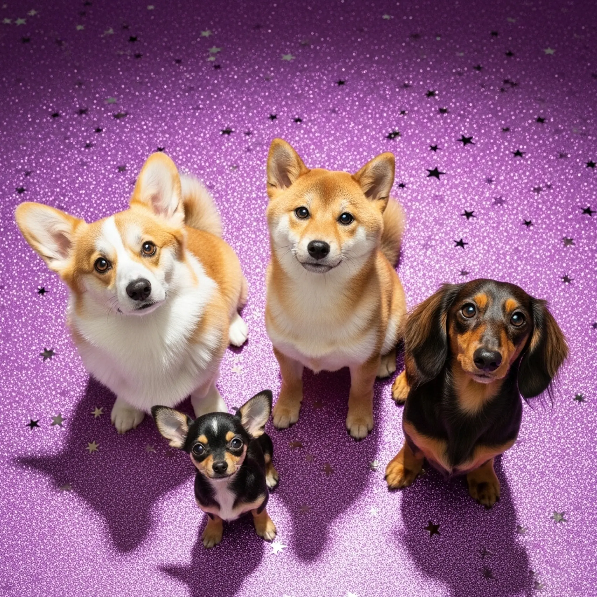 Four small dogs—Corgi, Shiba Inu, black and tan Dachshund, and Chihuahua—sitting on a sparkling purple star-patterned floor, looking up.