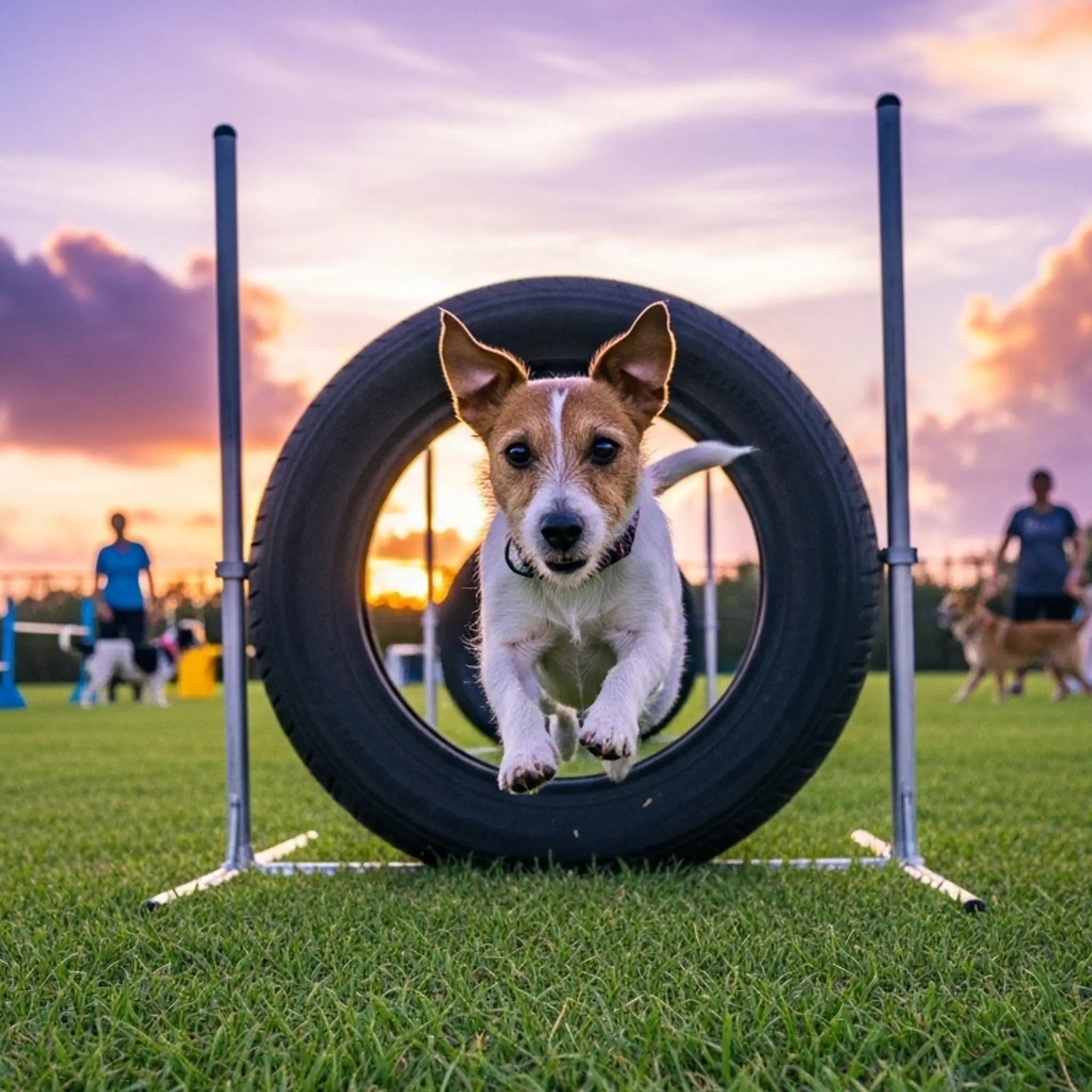 Small dog jumping through a tire obstacle on a grassy field at sunset.
