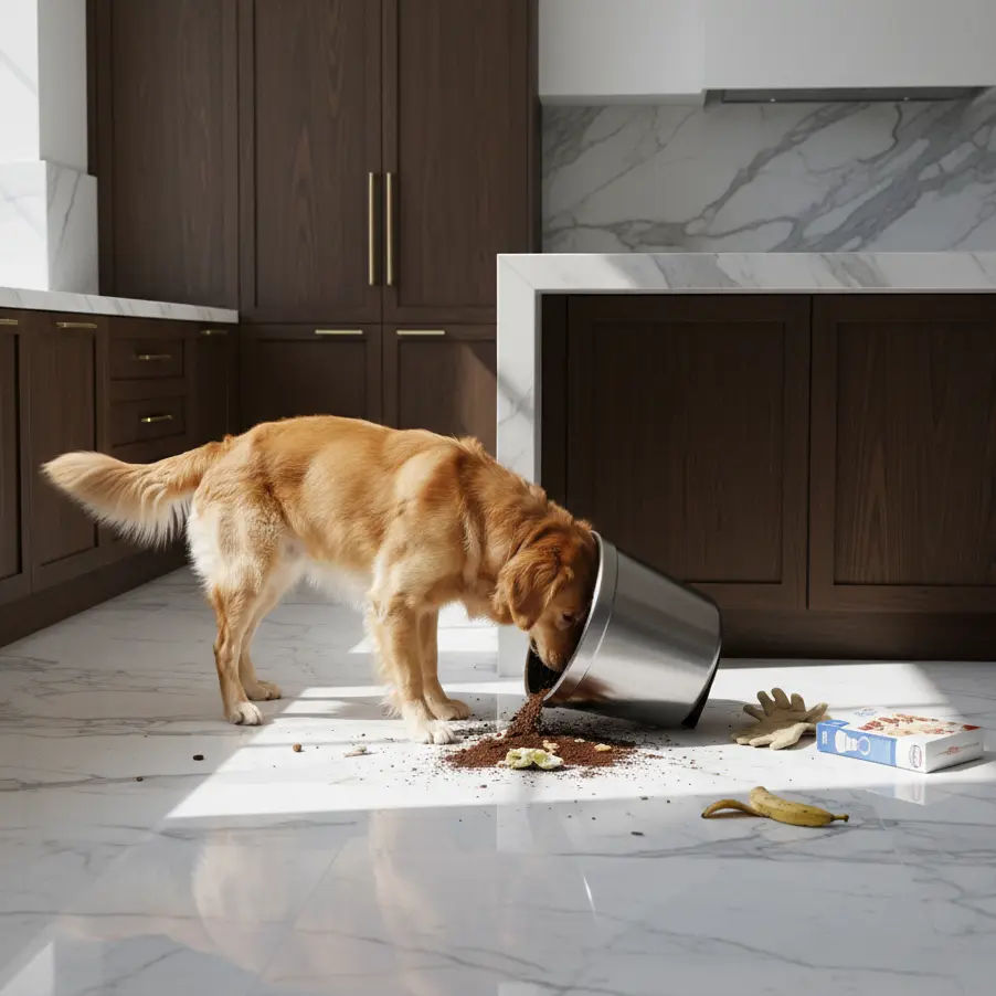Golden retriever with head inside overturned metal trash can, surrounded by spilled garbage on marble kitchen floor.