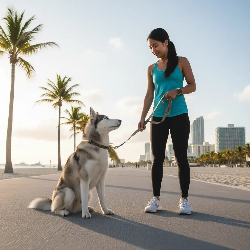 Woman in athletic wear holding leash of sitting Siberian Husky on pathway near palm trees and beach.