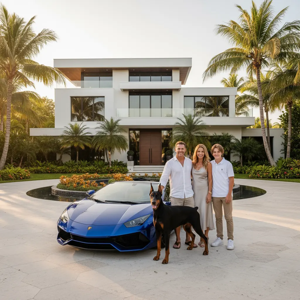 Family of three standing with a Doberman dog and a blue Lamborghini in front of a modern white mansion with palm trees.