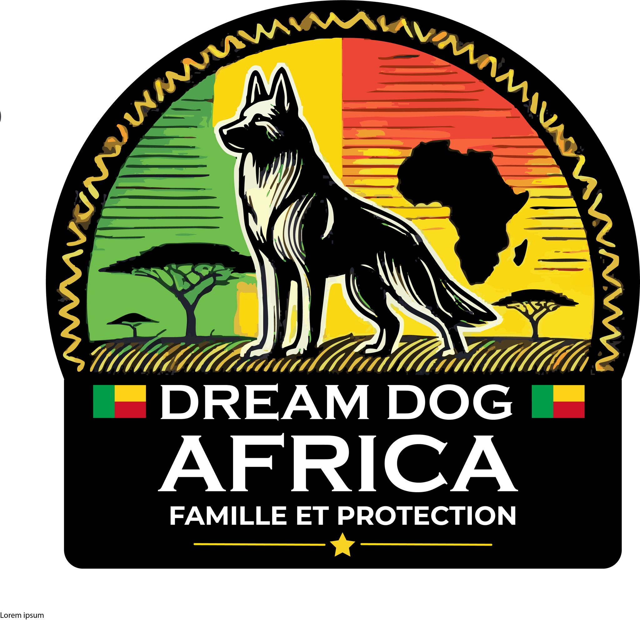 Logo with a standing dog silhouette against a background of green, yellow, and red stripes, acacia trees, and a black map of Africa, with text 'Dream Dog Africa Famille et Protection'.