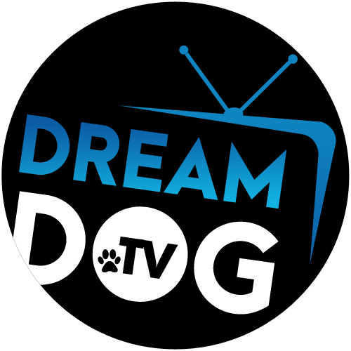 Logo for Dream Dog TV featuring the words DREAM DOG with a stylized old television antenna and a paw print inside the letter O.