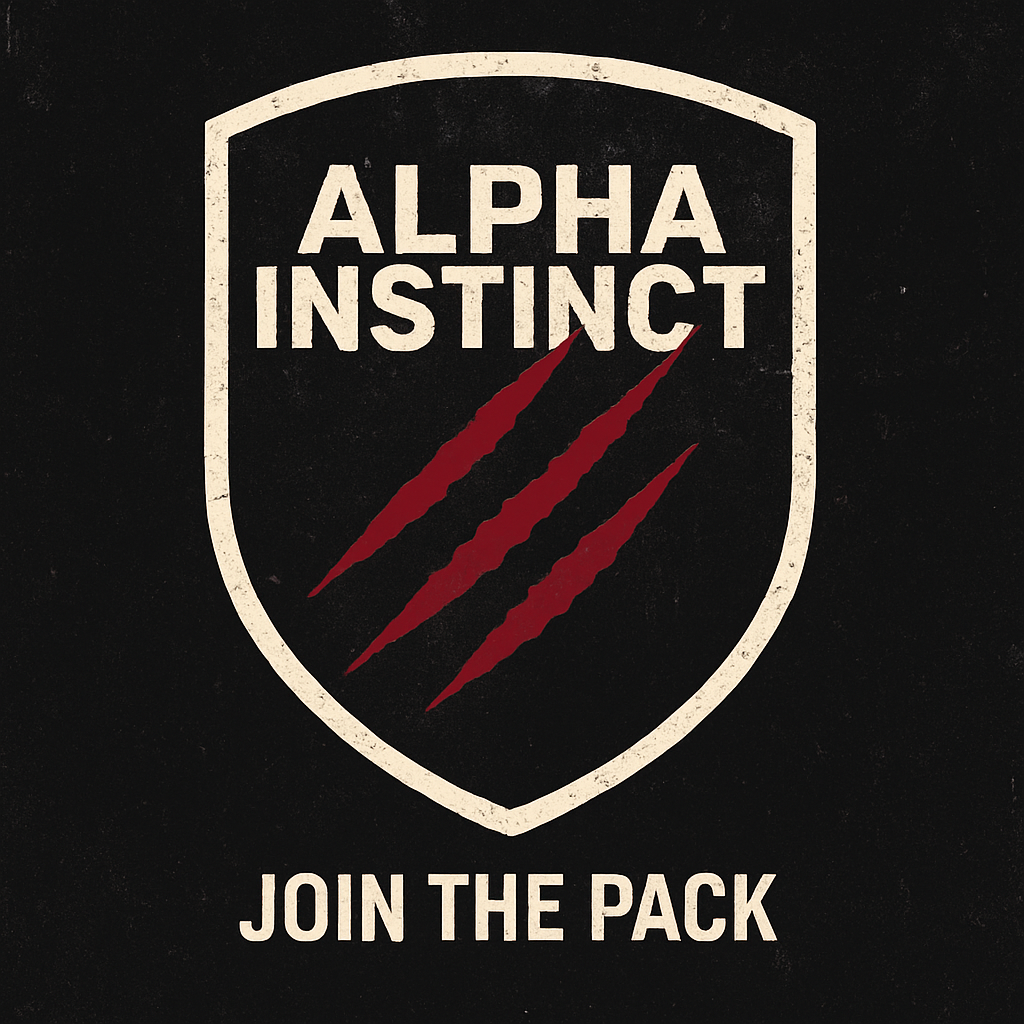 Shield emblem with the text 'ALPHA INSTINCT' above three red claw marks and 'JOIN THE PACK' below on a black background.