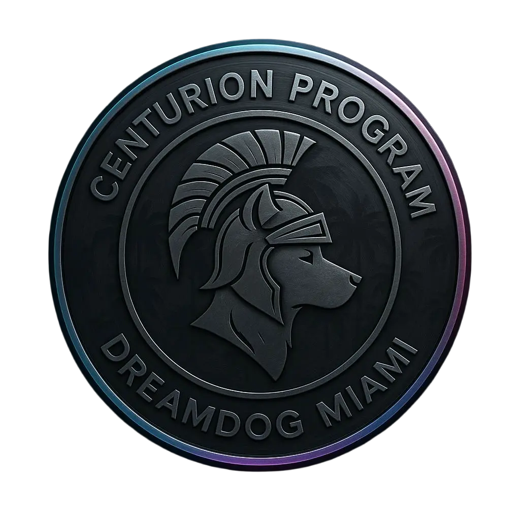 Round badge with an embossed design of a dog wearing a centurion helmet, surrounded by the text 'CENTURION PROGRAM DREAMDOG MIAMI'.