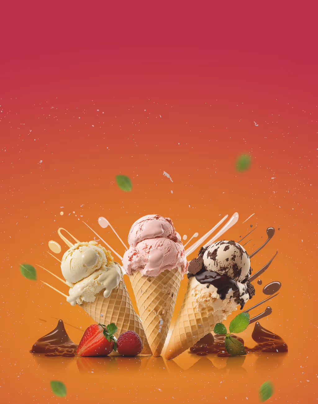 Hero Hintergrundbild mit drei Eiswaffeln in den Sorten Vanille, Erdbeere und Schokolade, dekoriert mit Früchten, Minze und Schokoladensoße