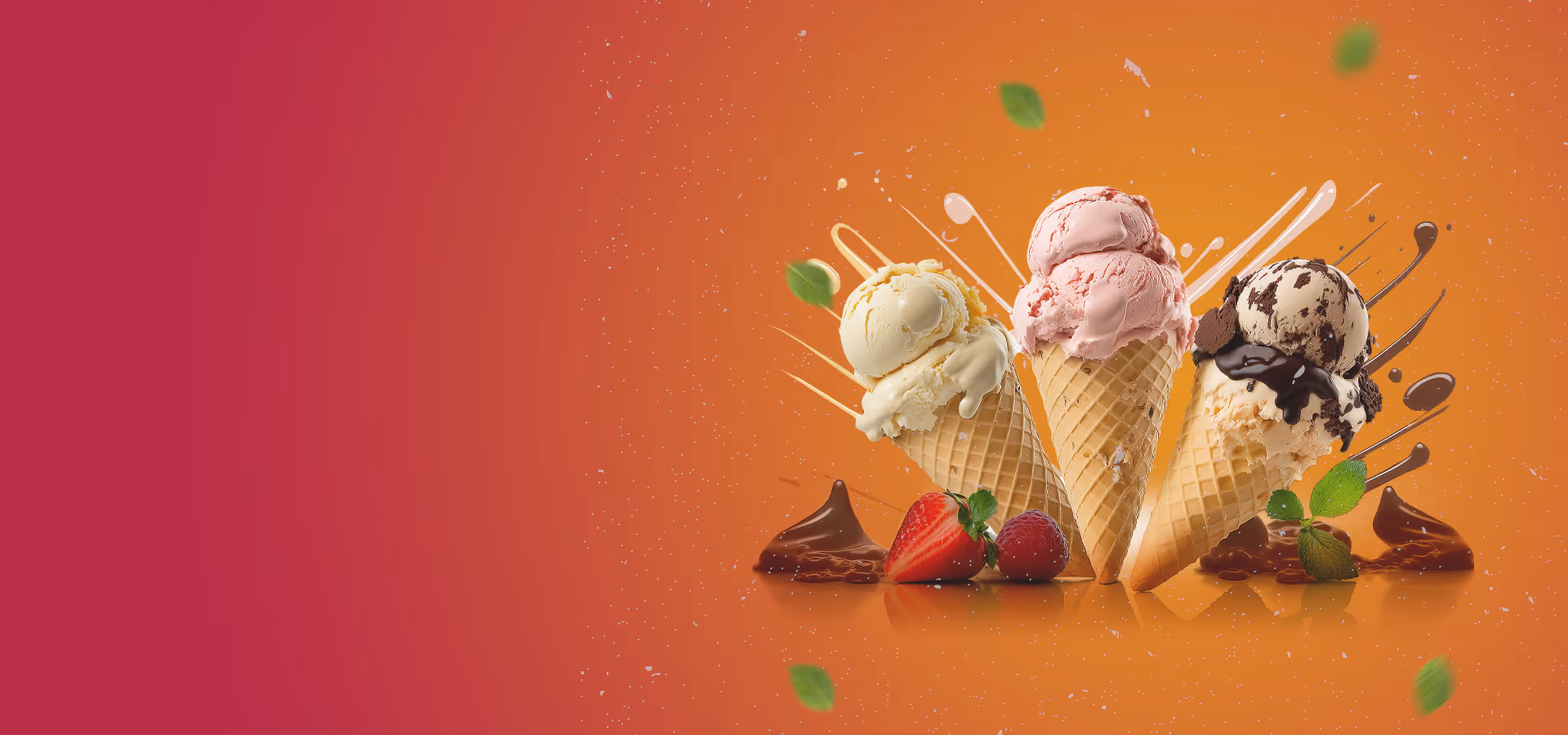 Hero Hintergrundbild mit drei Eiswaffeln in den Sorten Vanille, Erdbeere und Schokolade, dekoriert mit Früchten, Minze und Schokoladensoße