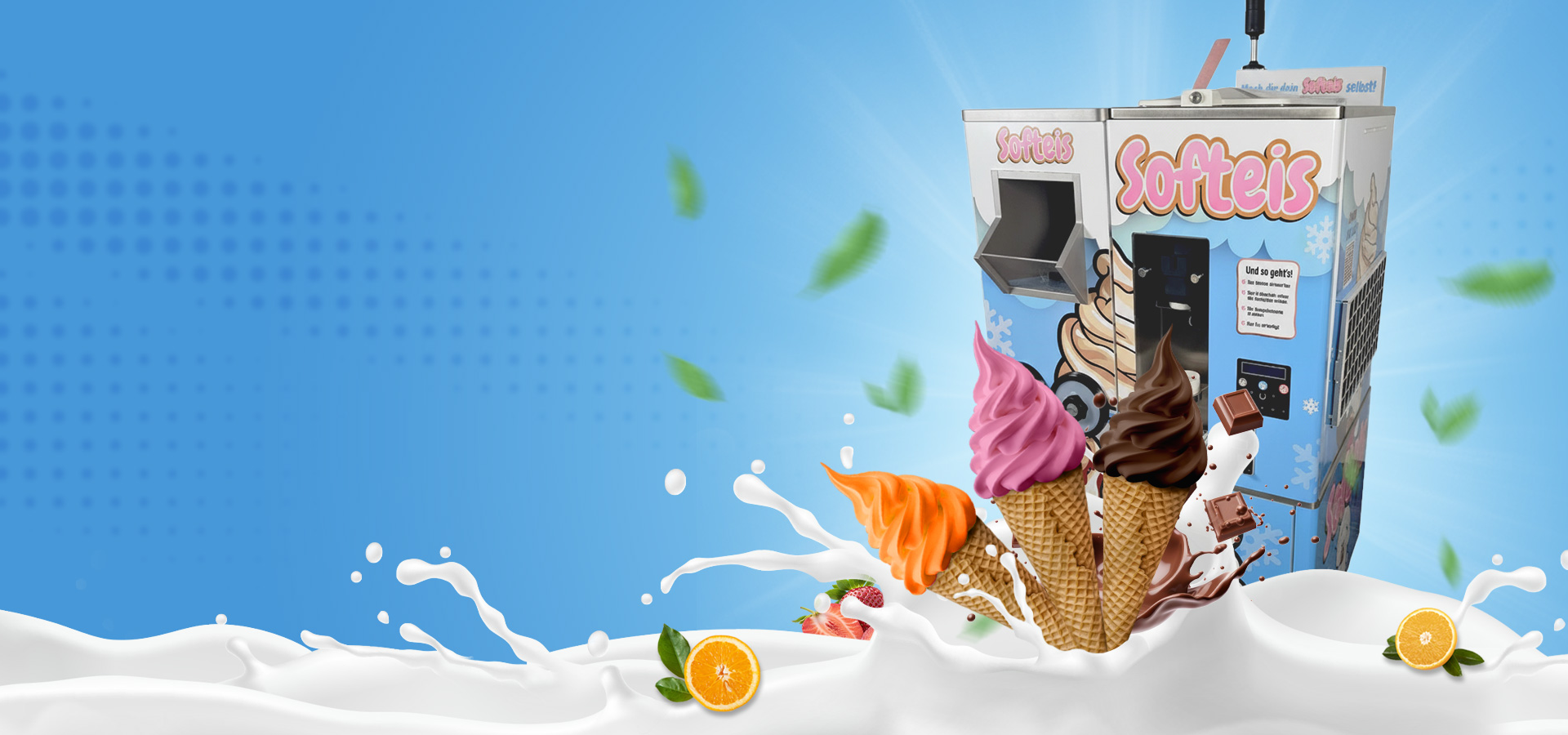 Hero Grafik mit Softeismaschine und bunten Softeis-Waffeln in verschiedenen Sorten, verziert mit Früchten, Schokolade und Sahne – Symbol für Softeis Seminare der Eisfachschule Berlin