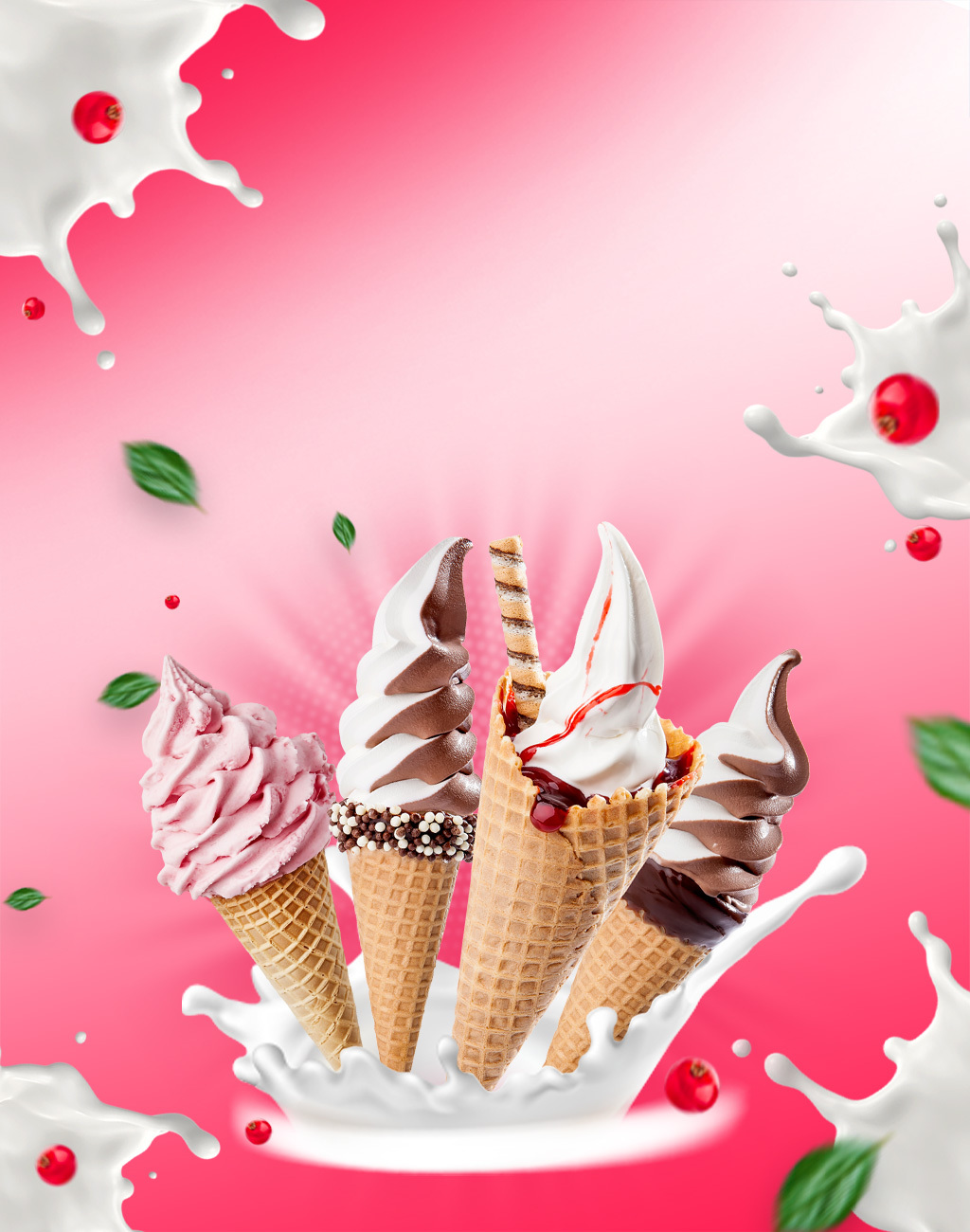 Hero Grafik mit Softeis in Waffeln, verziert mit Schokolade, Erdbeersoße und knusprigen Toppings